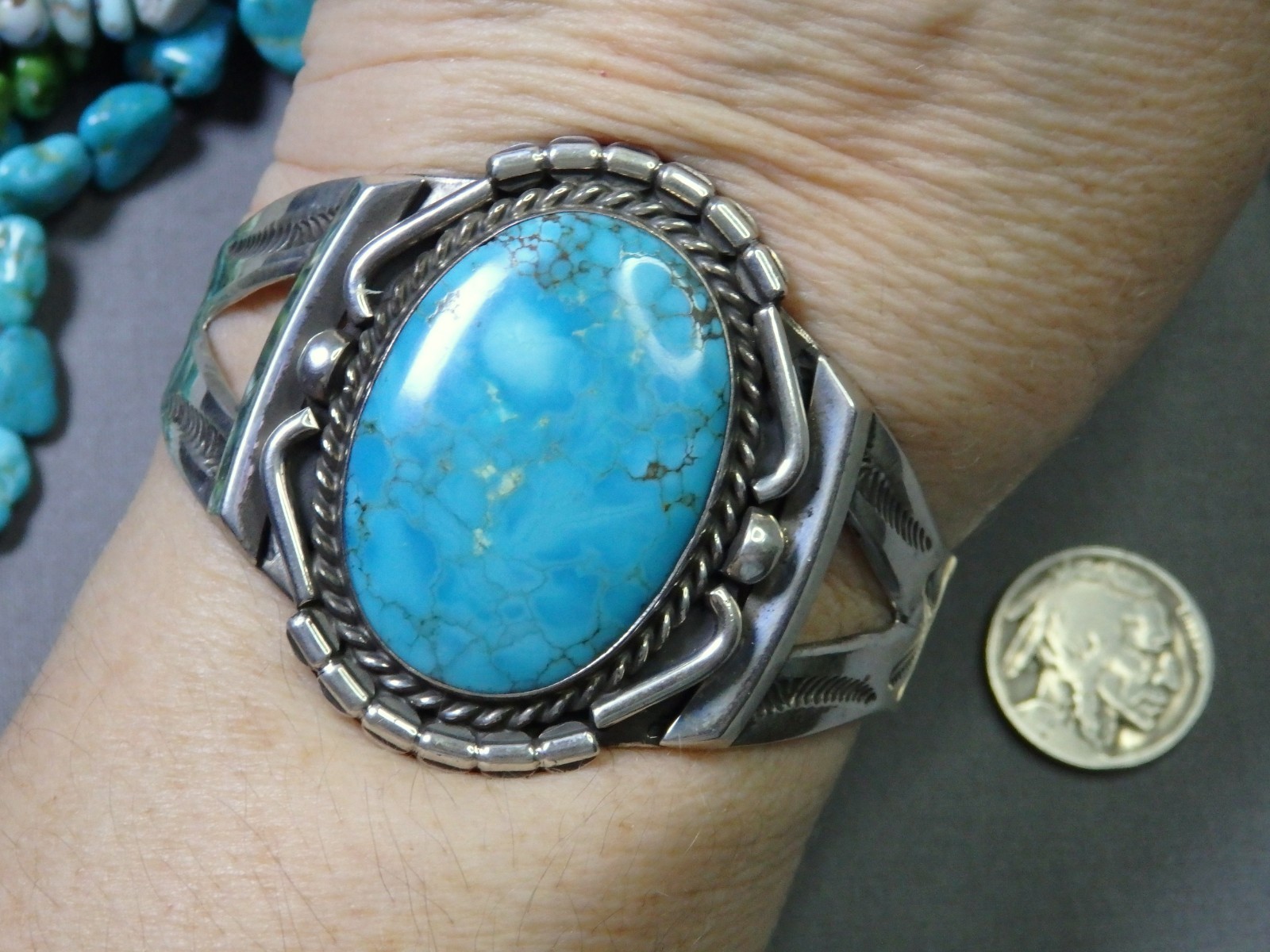 Fred Harvey Era NAVAJO Natural BLUE GEM TURQUOISE Coin Silver 50g CUFF Bracelet