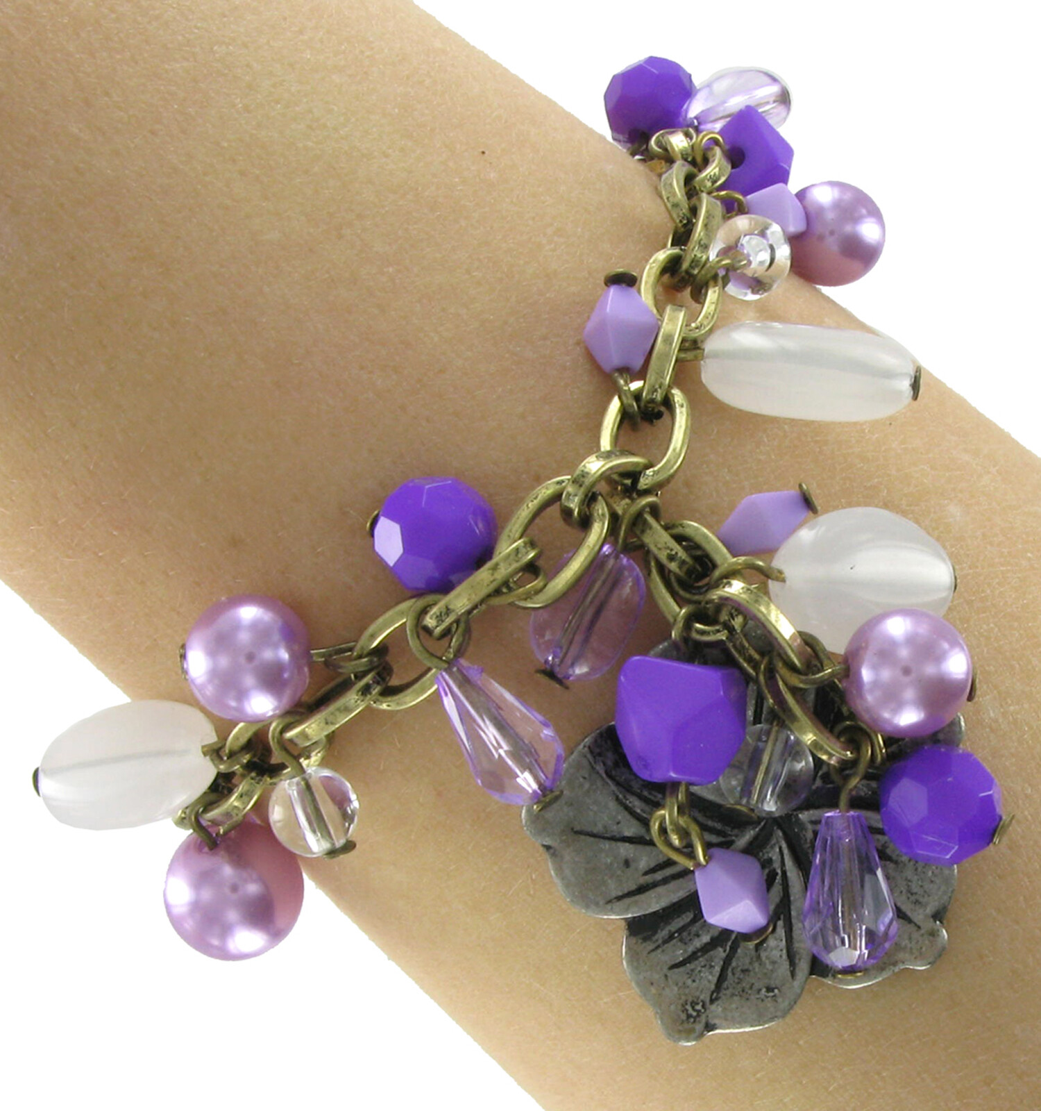 Purple Flower Charm Beaded Bracelet Adjustable to 8″