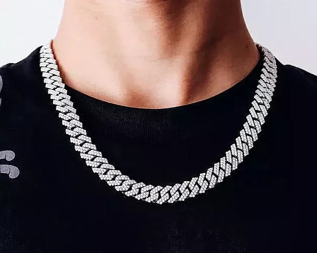 Miami Cuban Link Round Lab Created Diamond Men Chain 14K White Gold Plated