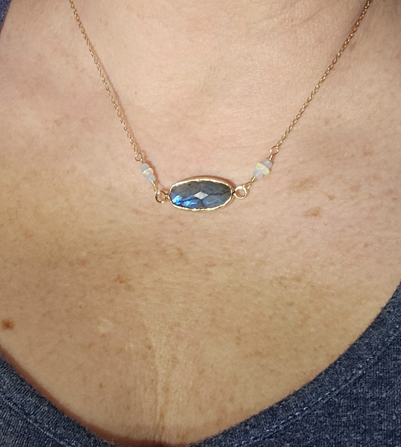 Artisan Blue Flash Labradorite & Opal Necklace 14k Gold-plated 17 to 19 Inches