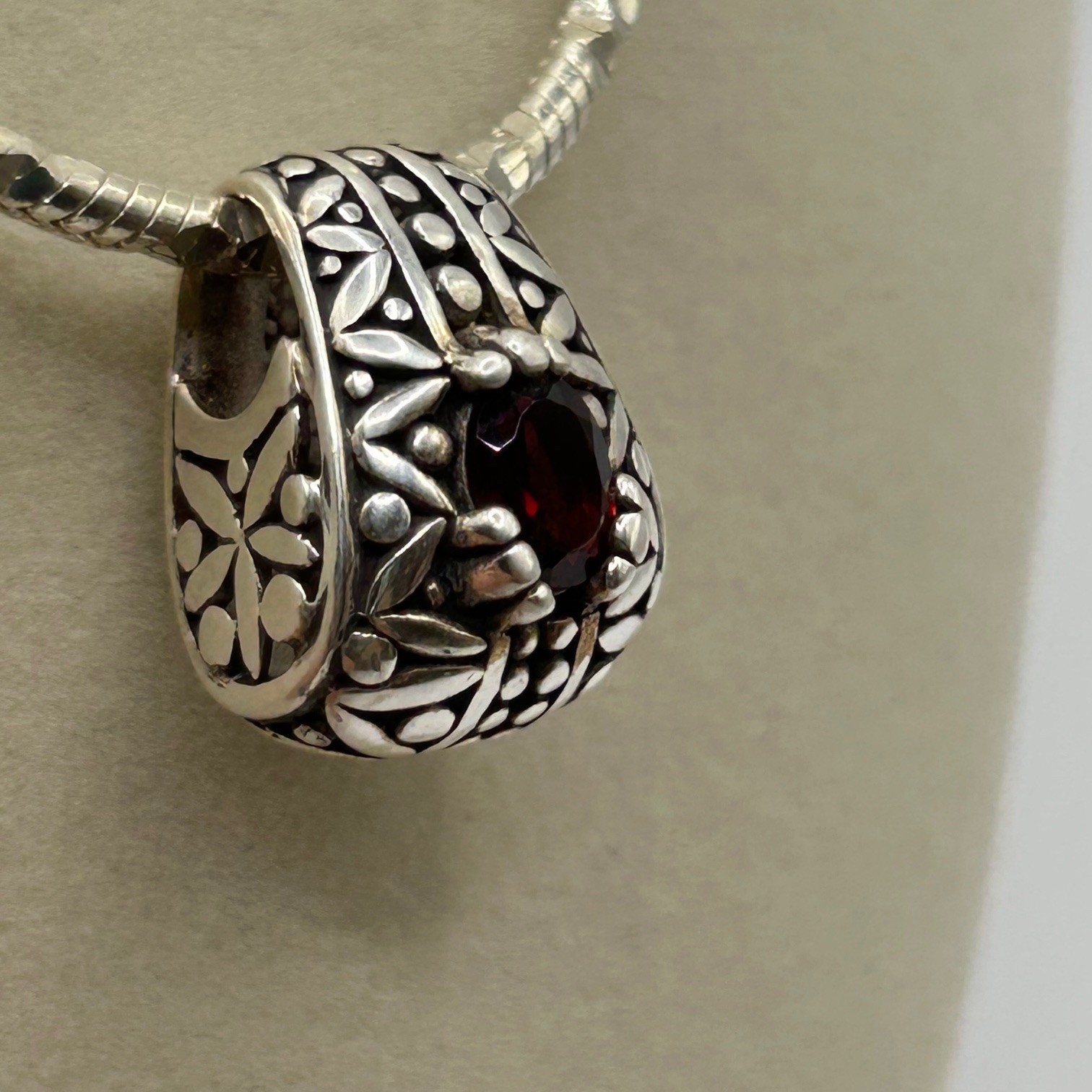 Ornate 925 Sterling Silver Scrolled Long Necklace 30″ w/ Pendant Red Stone 32g