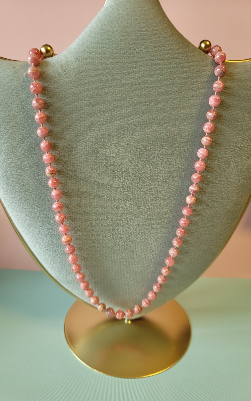 Vintage Genuine Rhodochrosite Bead Pearl Knotted Necklace
