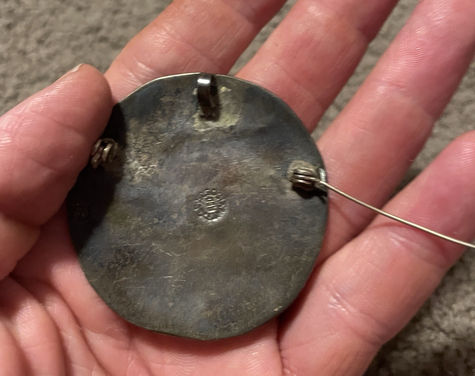Vintage Mexican Modernist Sterling Silver Abalone Inlay Round Brooch Pendant