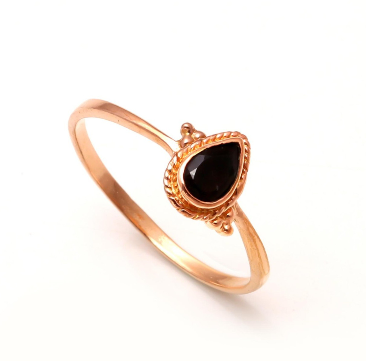 Natural Black Onyx Pear Ring Rose Gold Fill 925 Sterling Silver Unique Jewelry