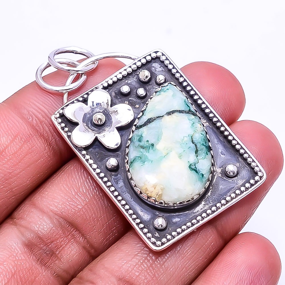 Tree Agate – Australia Oxidised Designer 925 Sterling Silver Pendant 1.76″ P46