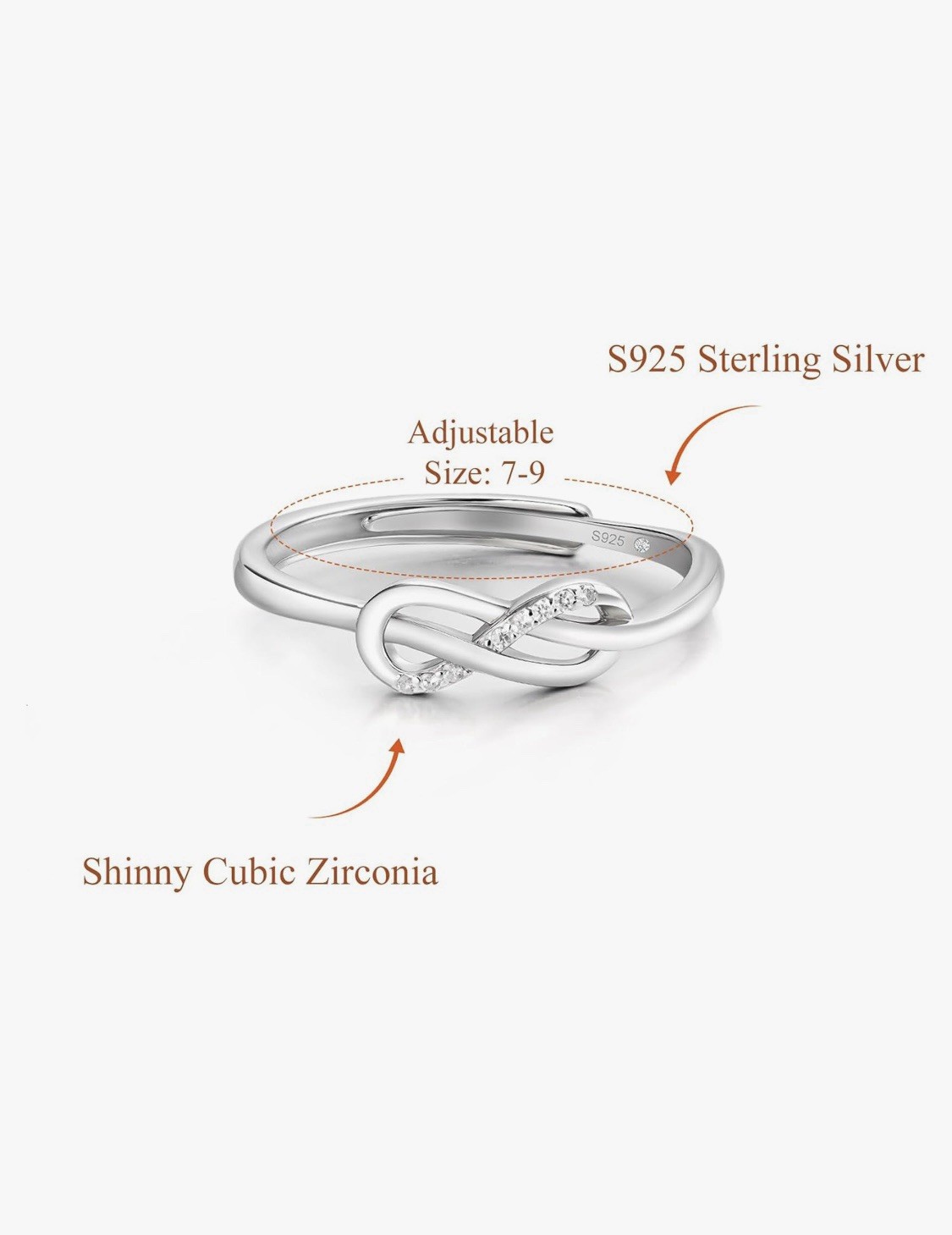 Sterling Silver 925 Infinity Symbol Ring Cubic Zirconia Adjustable Size 7-9