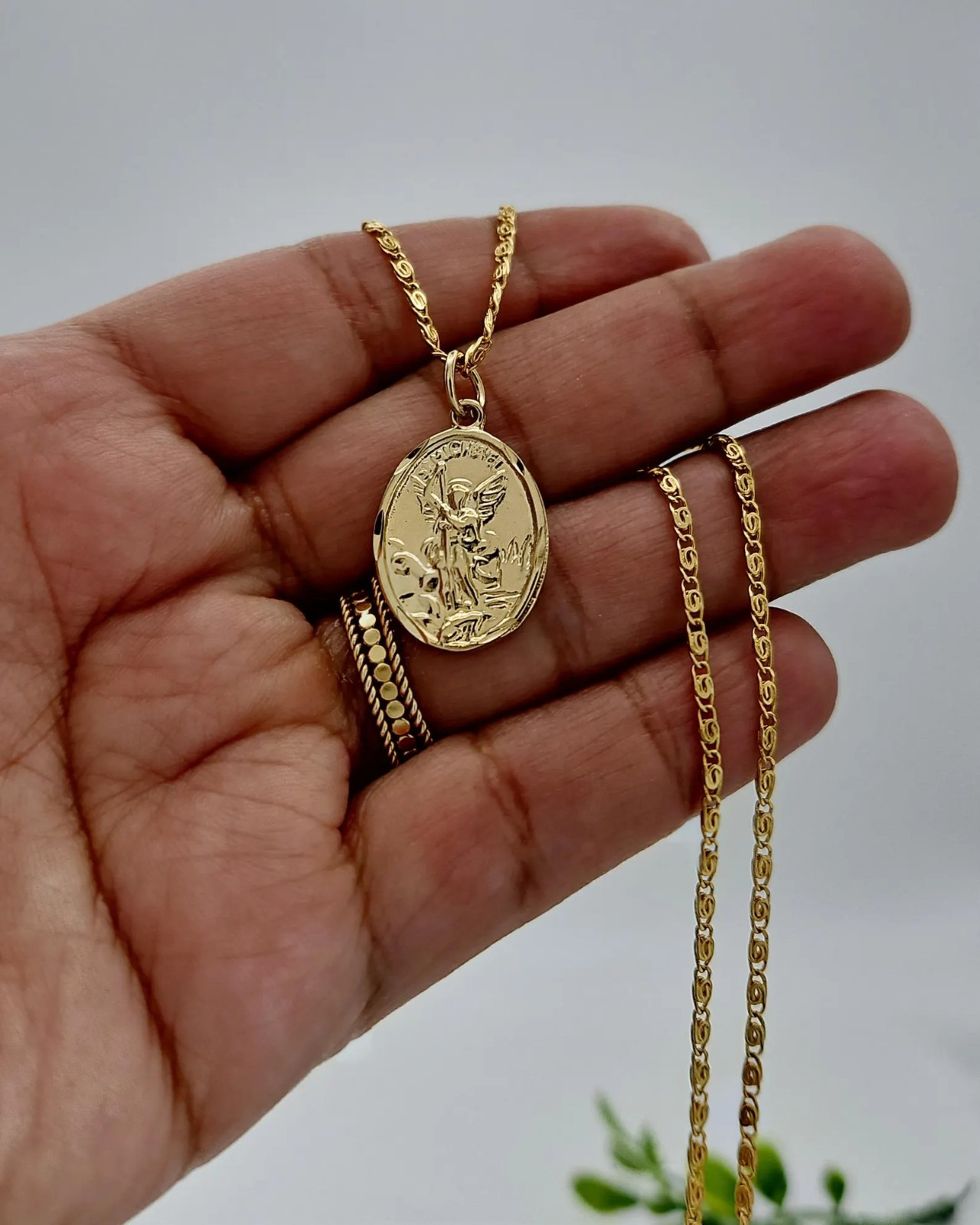 Gold Oval Saint Michael Pendant, 14k Heavy Plated Necklace