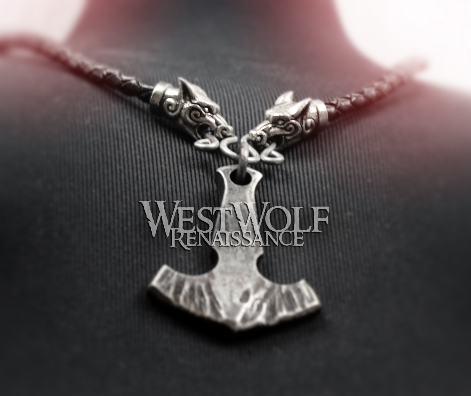Braided Black Leather Bolo with Wolf Head Terminals – Necklace/Cord/Rope/Pendant