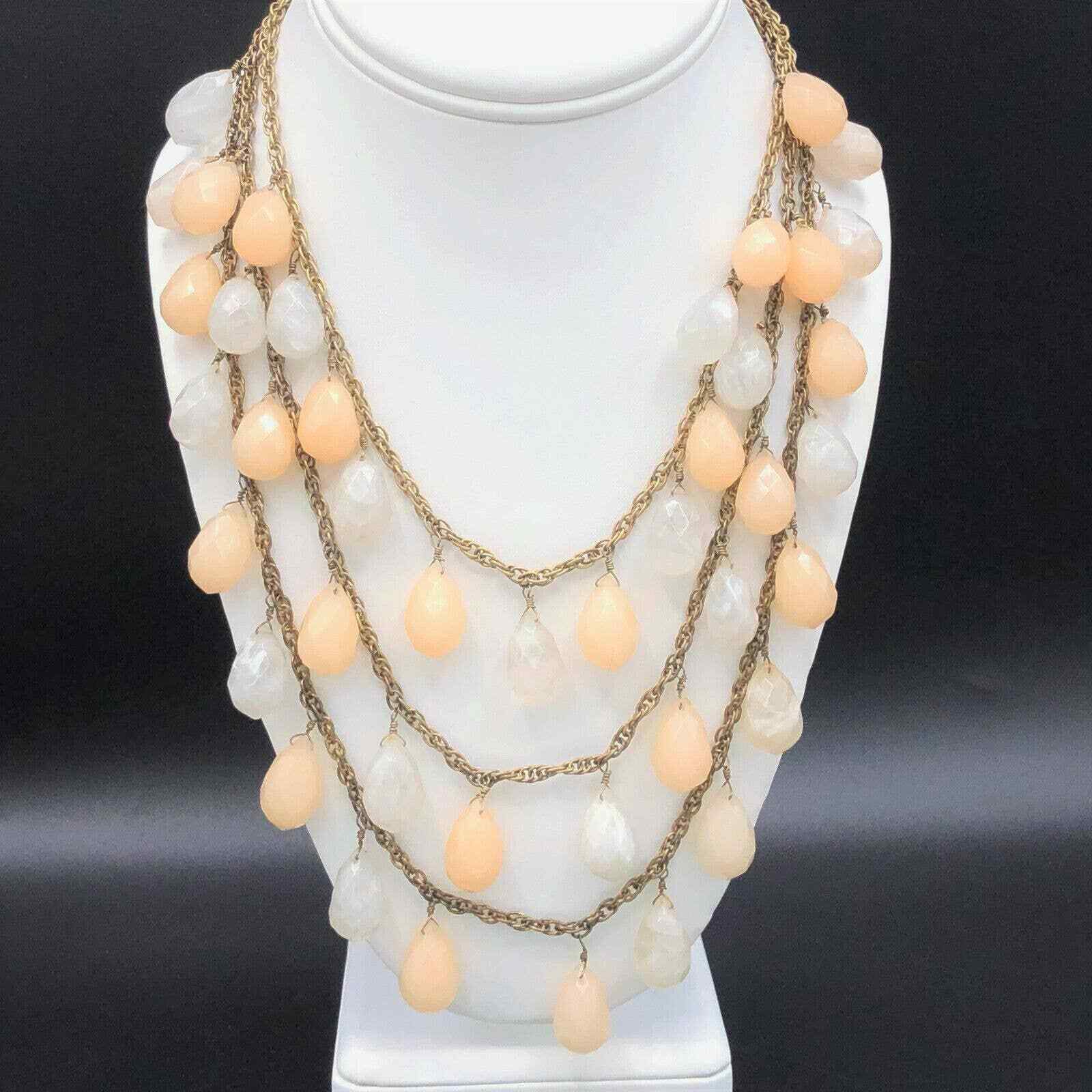 Lydell NYC 3 Strand Necklace Pastel Peach Milky Clear Faceted Briolette Beads