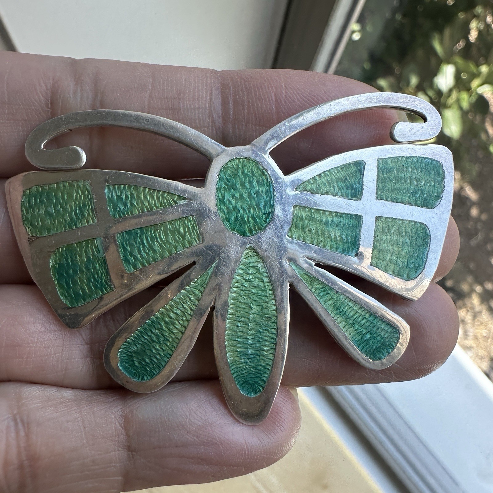 VTG Mexico Artisan Butterfly Brooch Pendant 2.4 Inch Acrylic 925 Sterling 13.9g