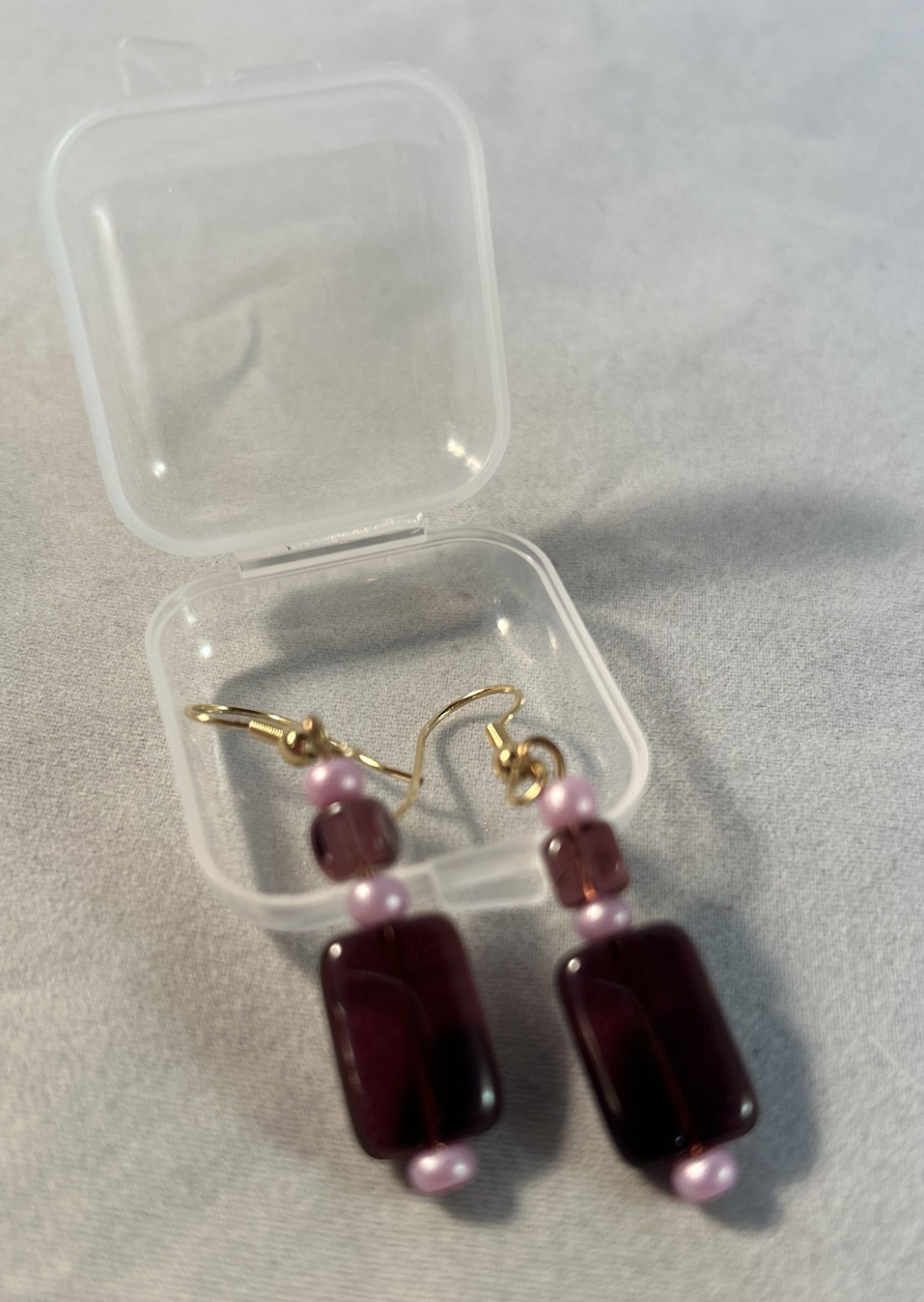 Vintage 80’s Purple Amethyst Glass Bead Llilac Pearl Drop Gold Toned Earrings