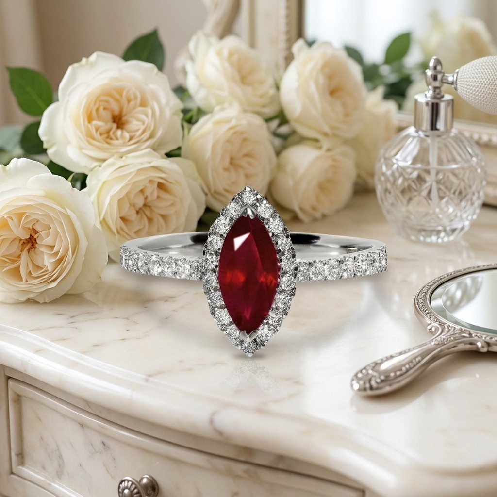 Marquise Cut 2.80 Ct Natural Ruby & Diamond Solid 14K White Gold Bridesmaid Ring