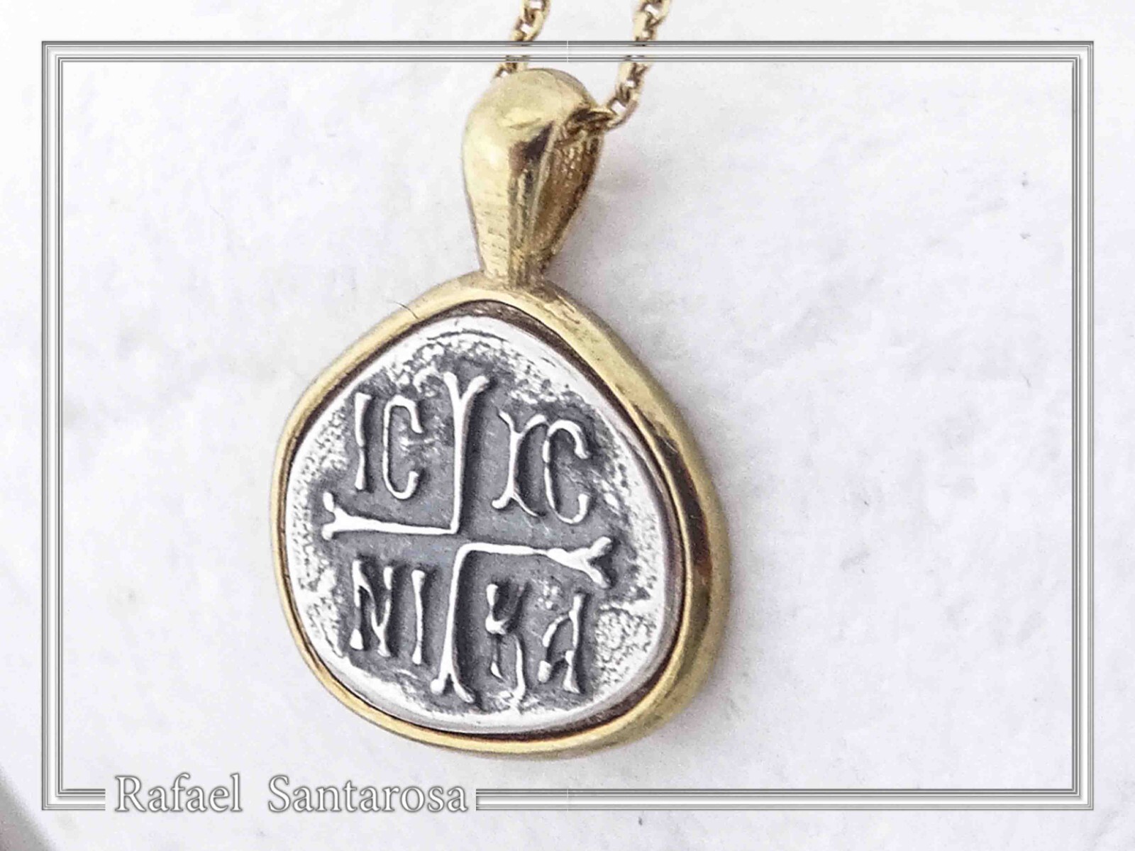 Protection cross coinshape Jesus Christ Wins silver Constantinato talisman charm