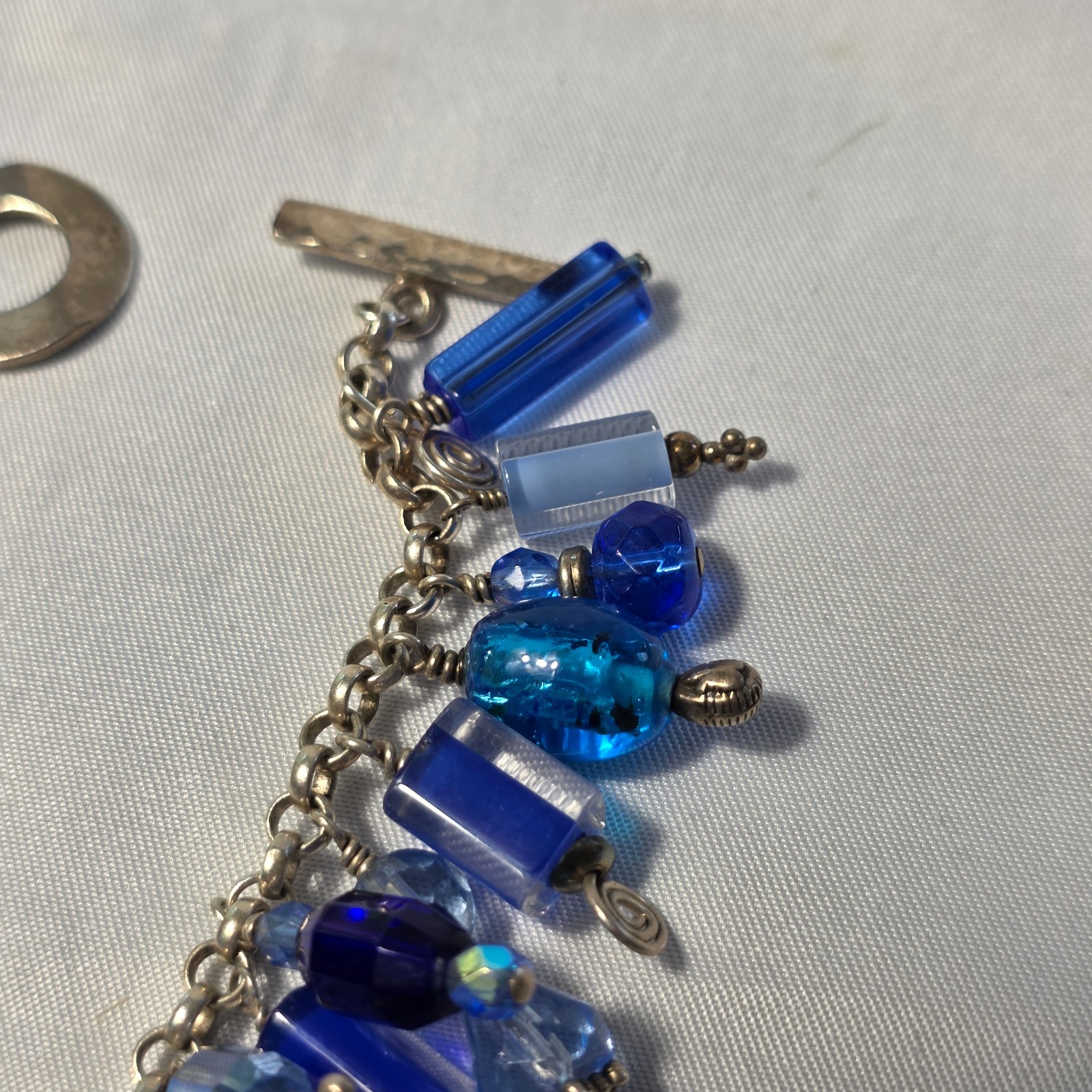 925 Sterling Silver Beaded Dangle Bracelet Cobalt Blue & Light Blue Glass Beads