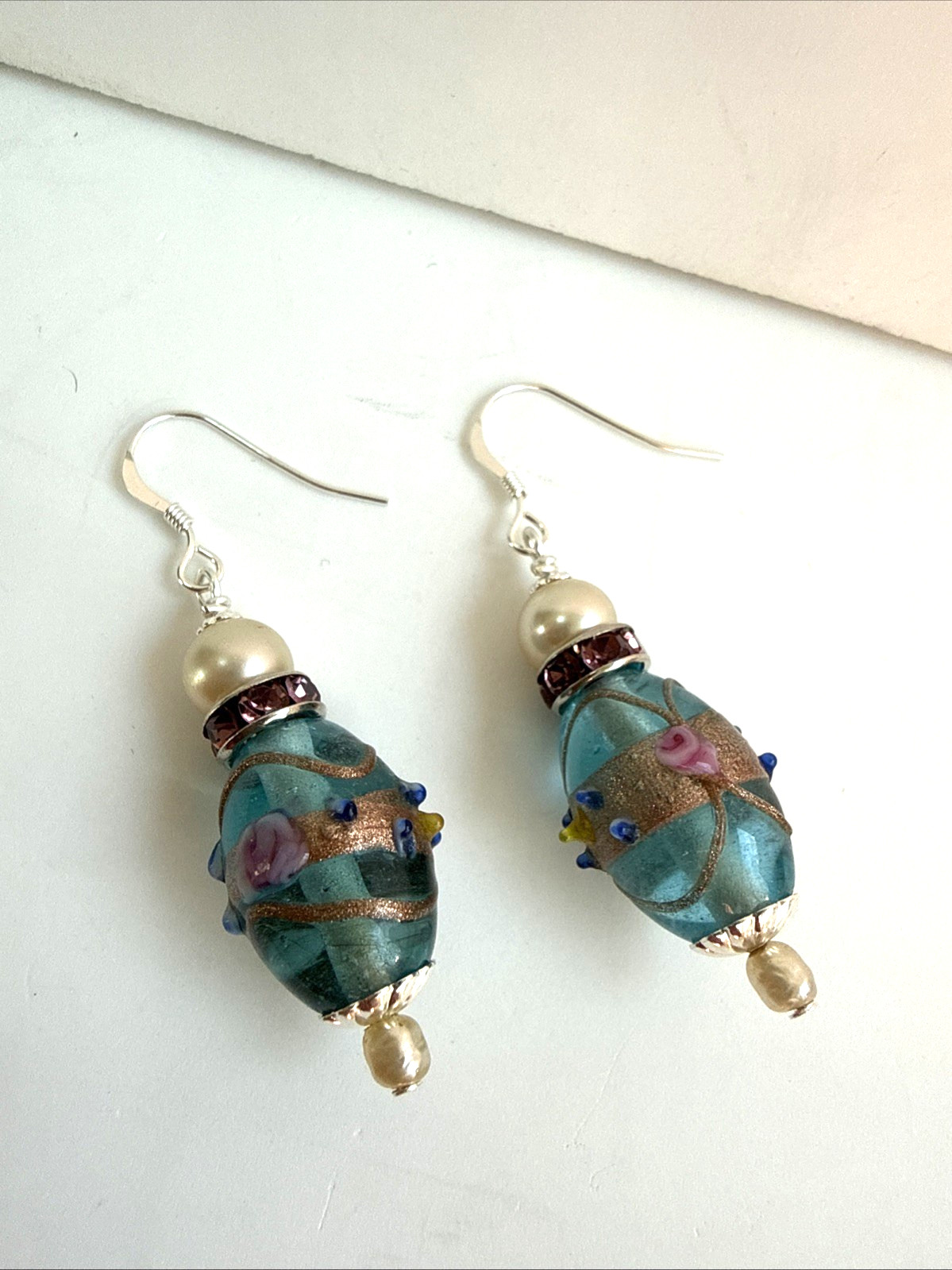 Blue & Pink Wedding Cake Glass Bead Pearl Dangle Earrings Rhinestone Roundelle