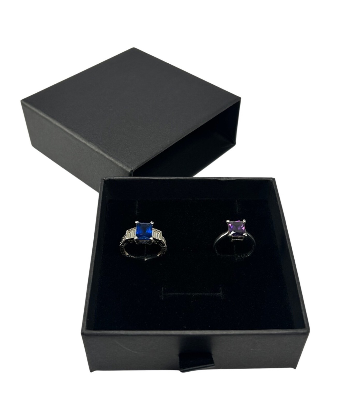 925 Sterling Silver Rings Bundle Of Two Elegant Square Blue Purple Glass Stones
