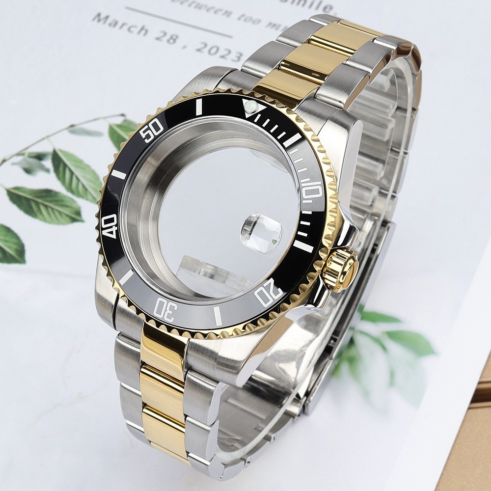 40mm SUB Watch Cases Bracelet Two Tone Gold Luminous Bezel For Janpan NH35 NH36
