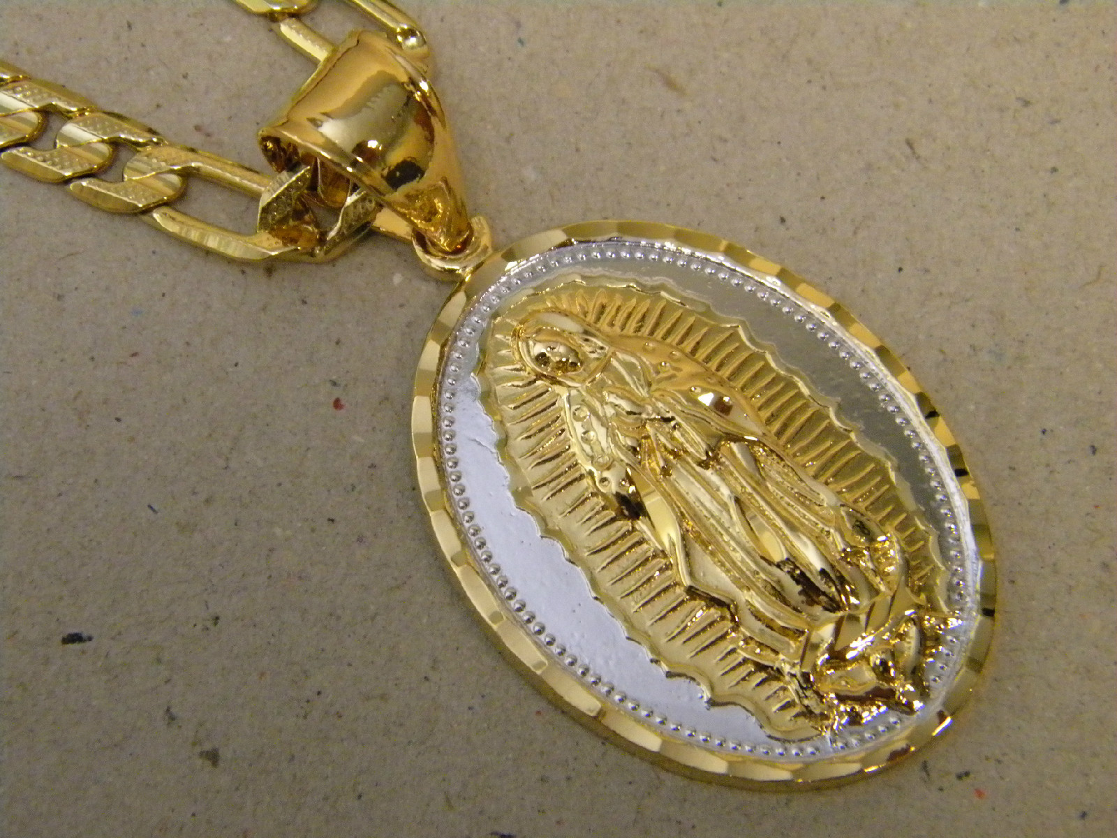 Men’s Yellow Gold Rhodium Plated Figaro Chain Mother Mary Charm Set 24in 6 10mm