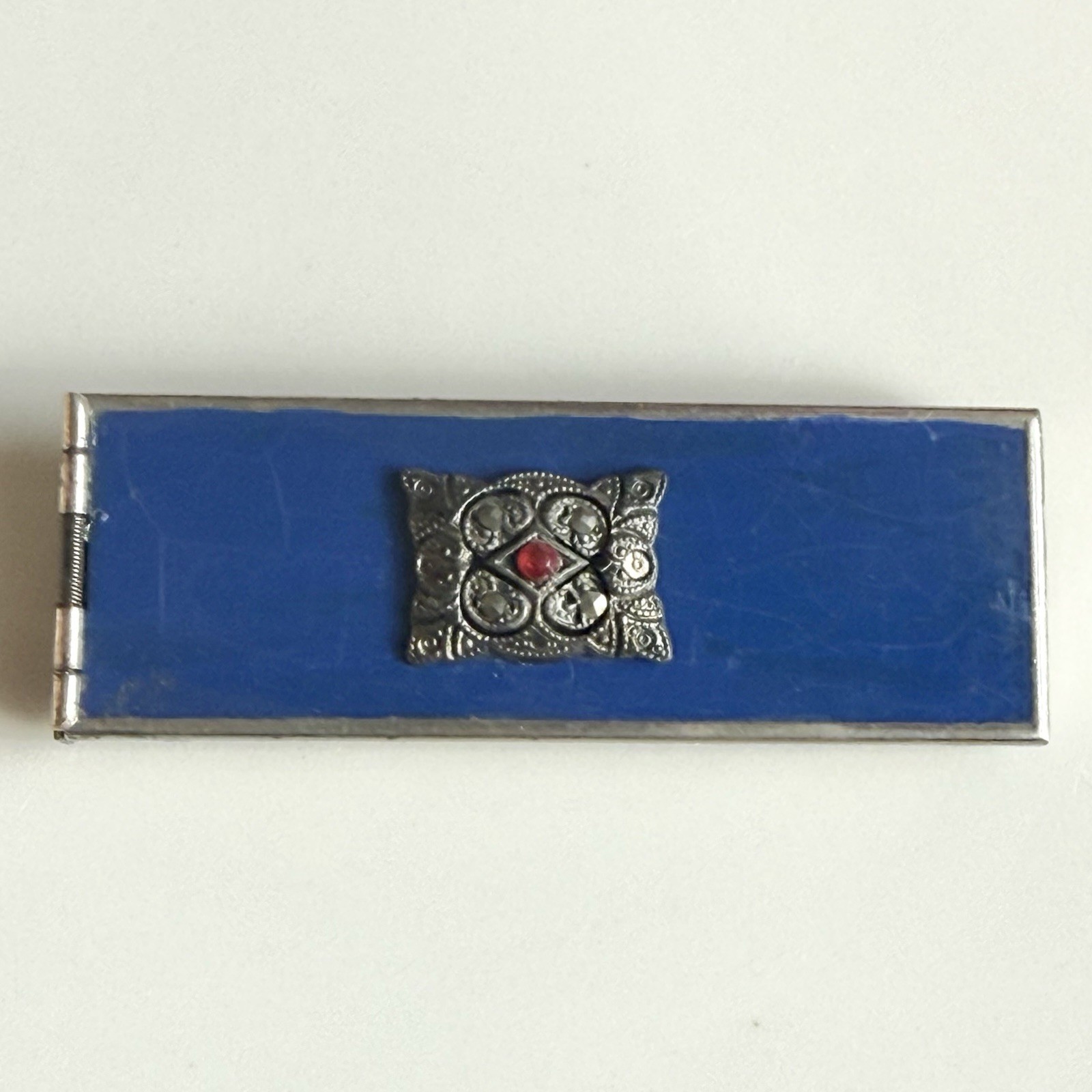 Art Deco Changette Brooch To Hold Dimes Silver Tone Blue Enamel Marcasites