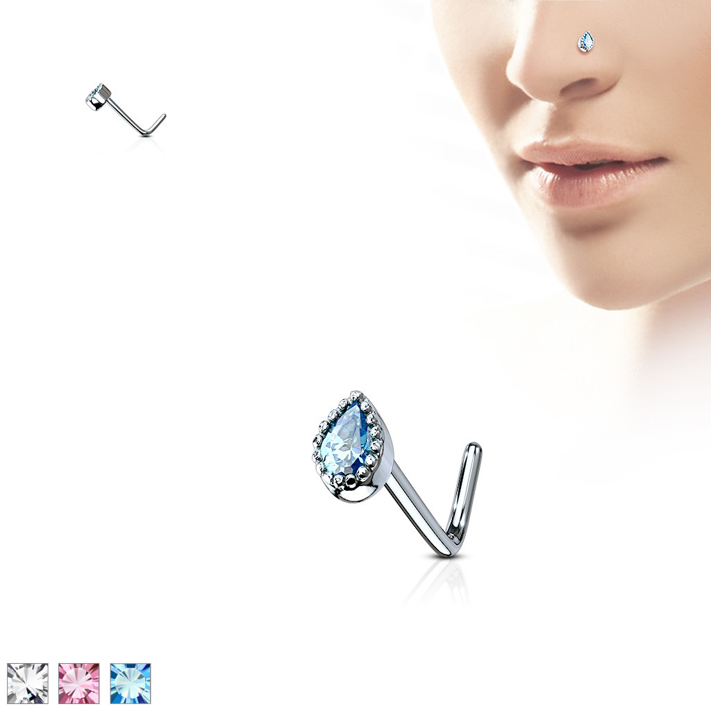 1pc CZ Gem Set Teardrop L-Bend 20g Nose Ring Stud Screw 316L Surgical Steel