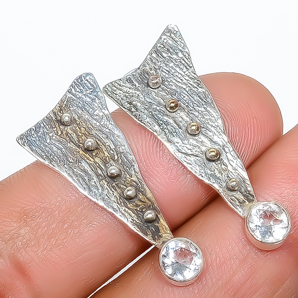 White Topaz Sand Paper Textured Handmade Silver Plated Earring 1.17″ T2