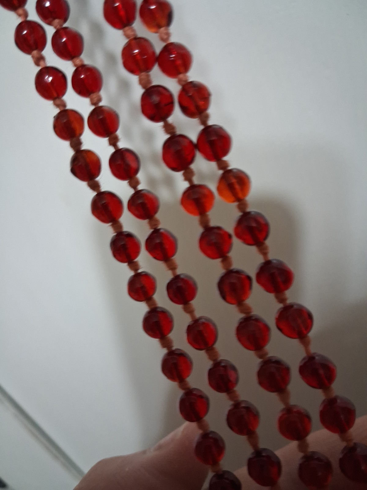 Antique Hand Tied Red Glass Bead Long Necklace