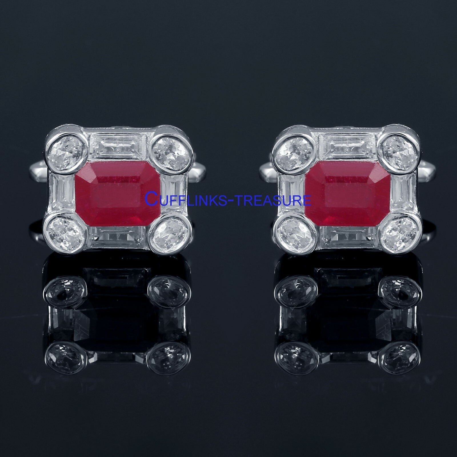 Natural Ruby & CZ Gemstones with 925 Sterling Silver Cufflinks For Men’s #6692