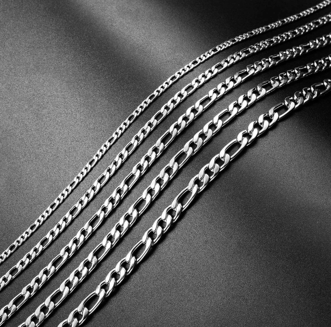 Figaro Necklace Silver Stainless Steel Cuban Curb Chain 18-24″ inch 3-7.5mm Mens