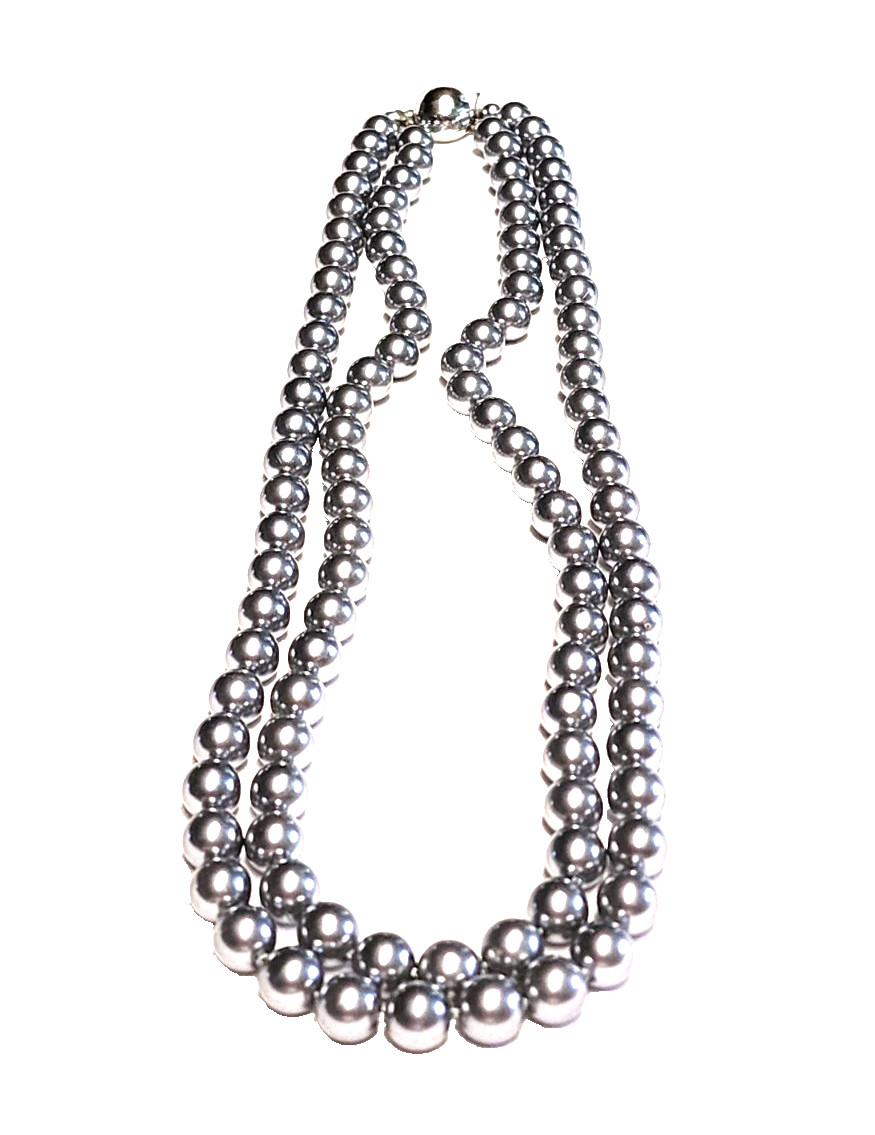 Vintage Silver Gray Long Faux Glass Pearl Necklace Pretty Push Lock Clasp 22”