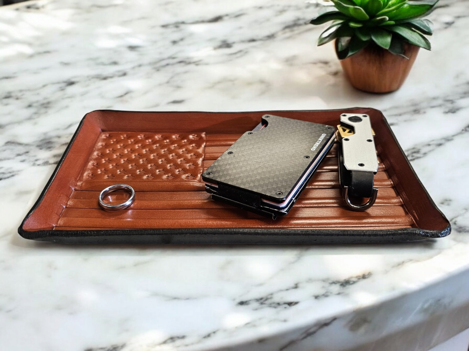 Leather valet tray. Formed leather, American flag , organizer, catchall tray
