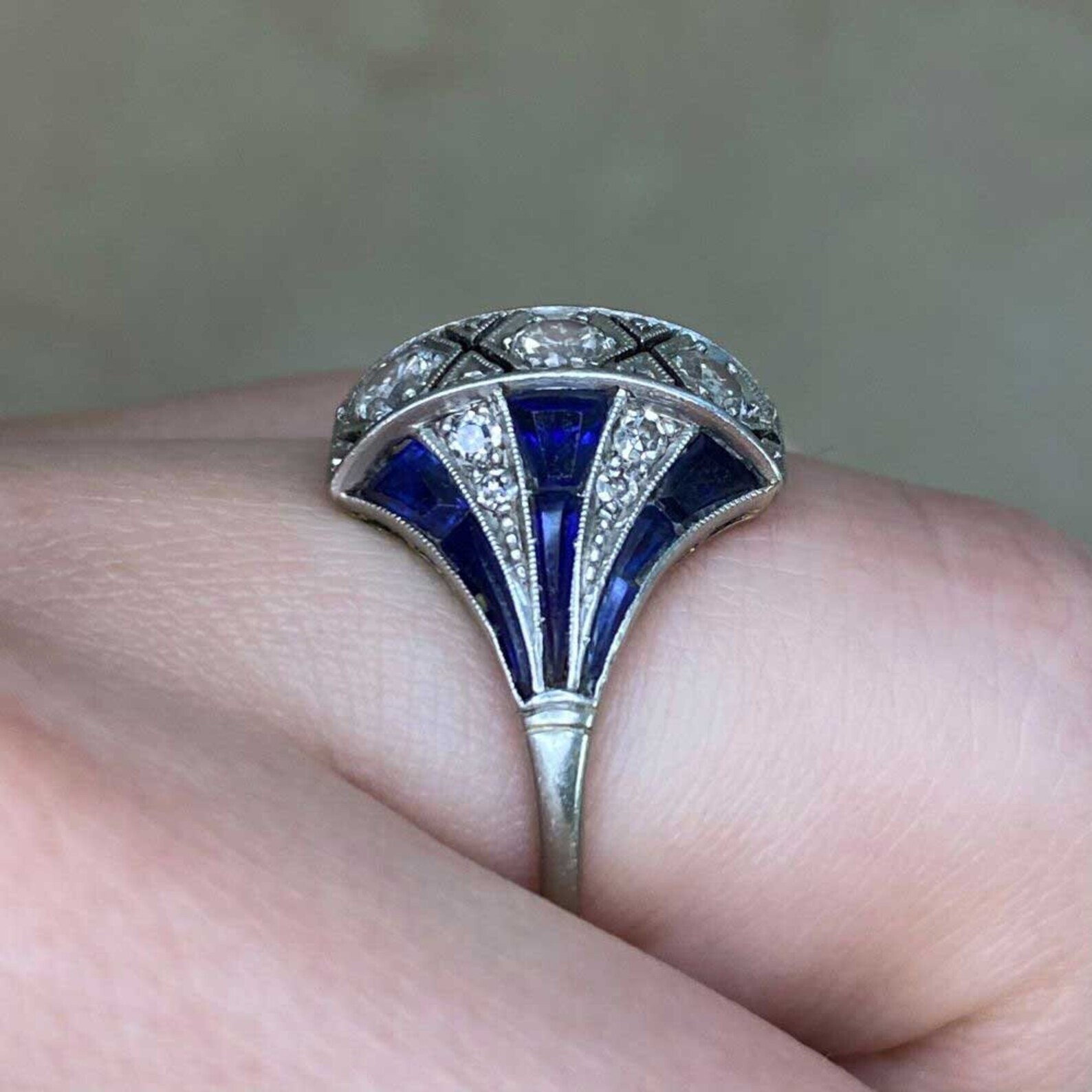 14K White Gold FN Art Deco Style Lab Created Diamond & Sapphire Engagement Ring