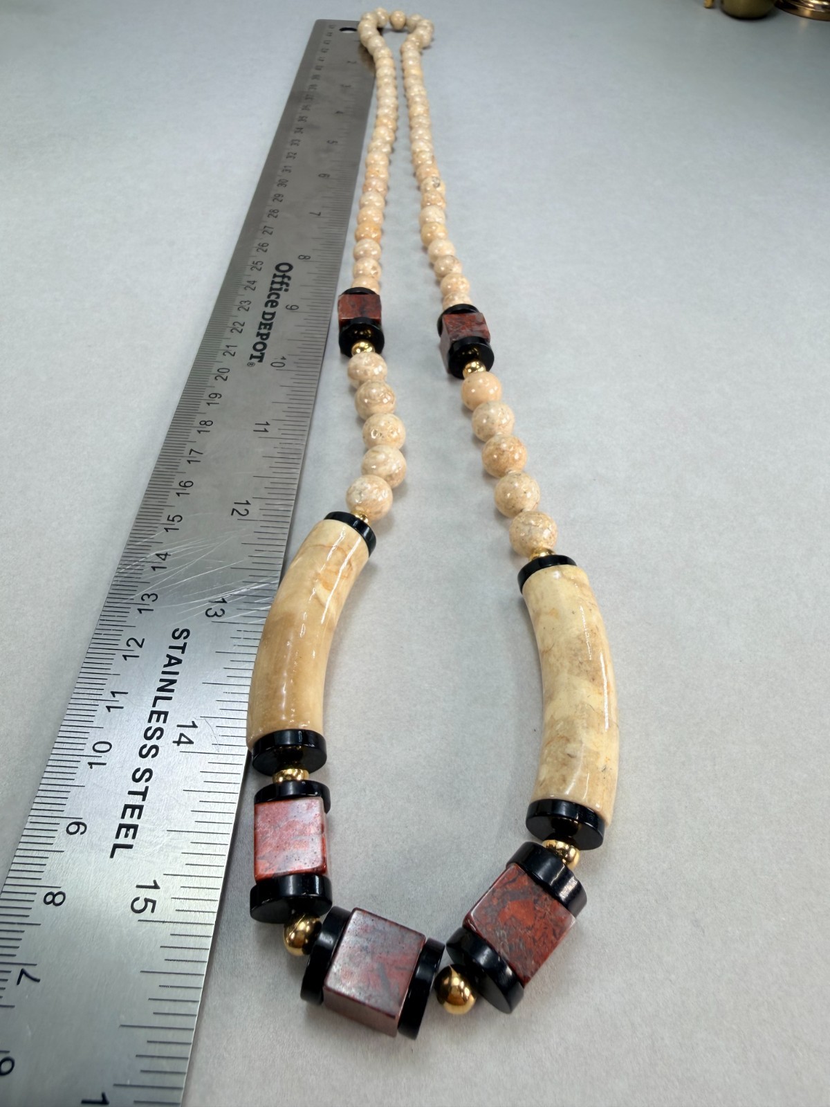 Vintage Ceramic -Jasper Beaded Statement Necklace Black Beige Brown Long Strand