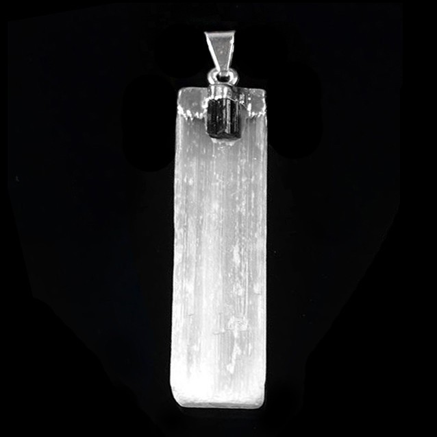SELENITE Black Tourmaline Crystal Pendant 925 Sterling Silver Necklace Reiki Hea