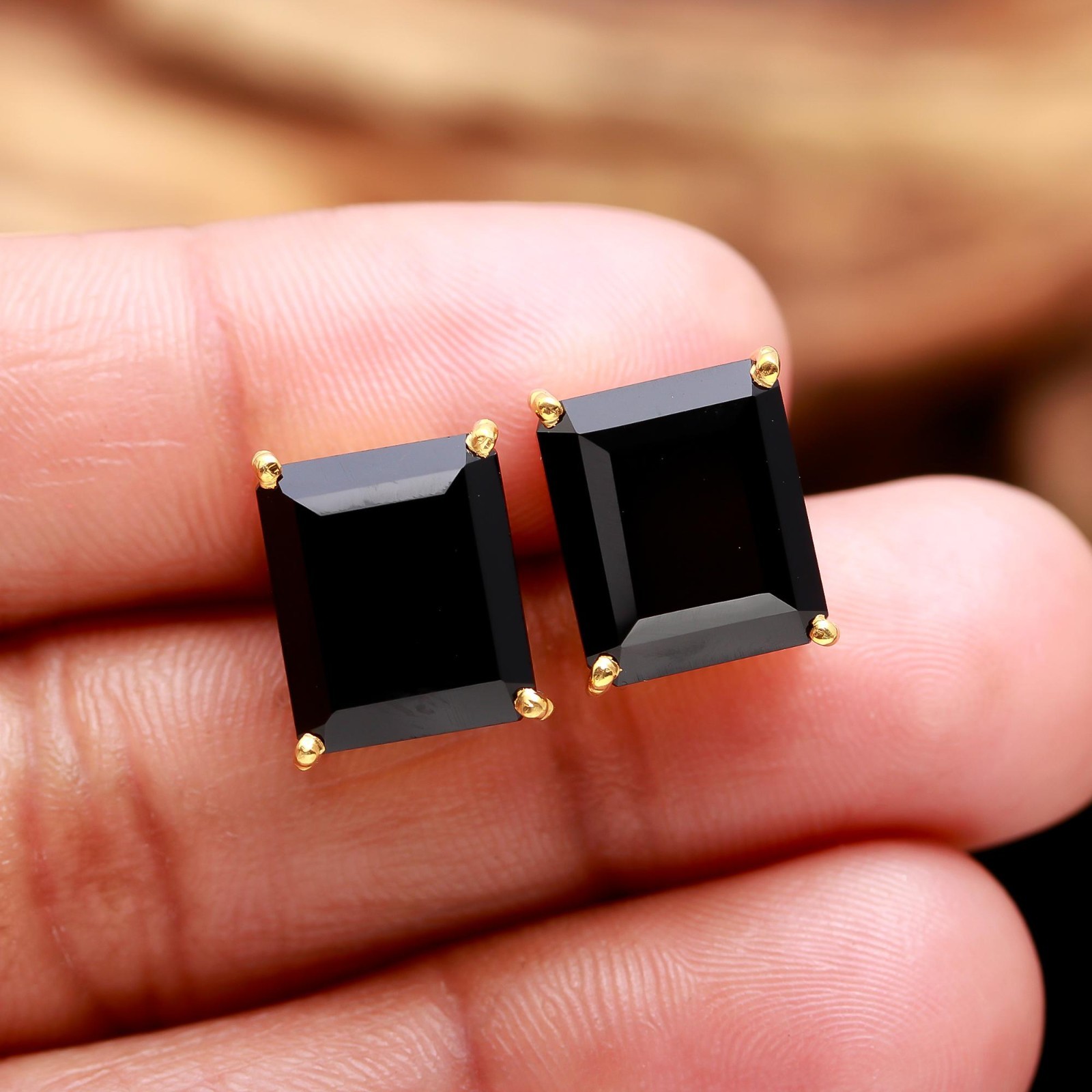 Natural Black Onyx Octagon Stud Earrings Gold Plated 925 Sterling Silver Jewelry