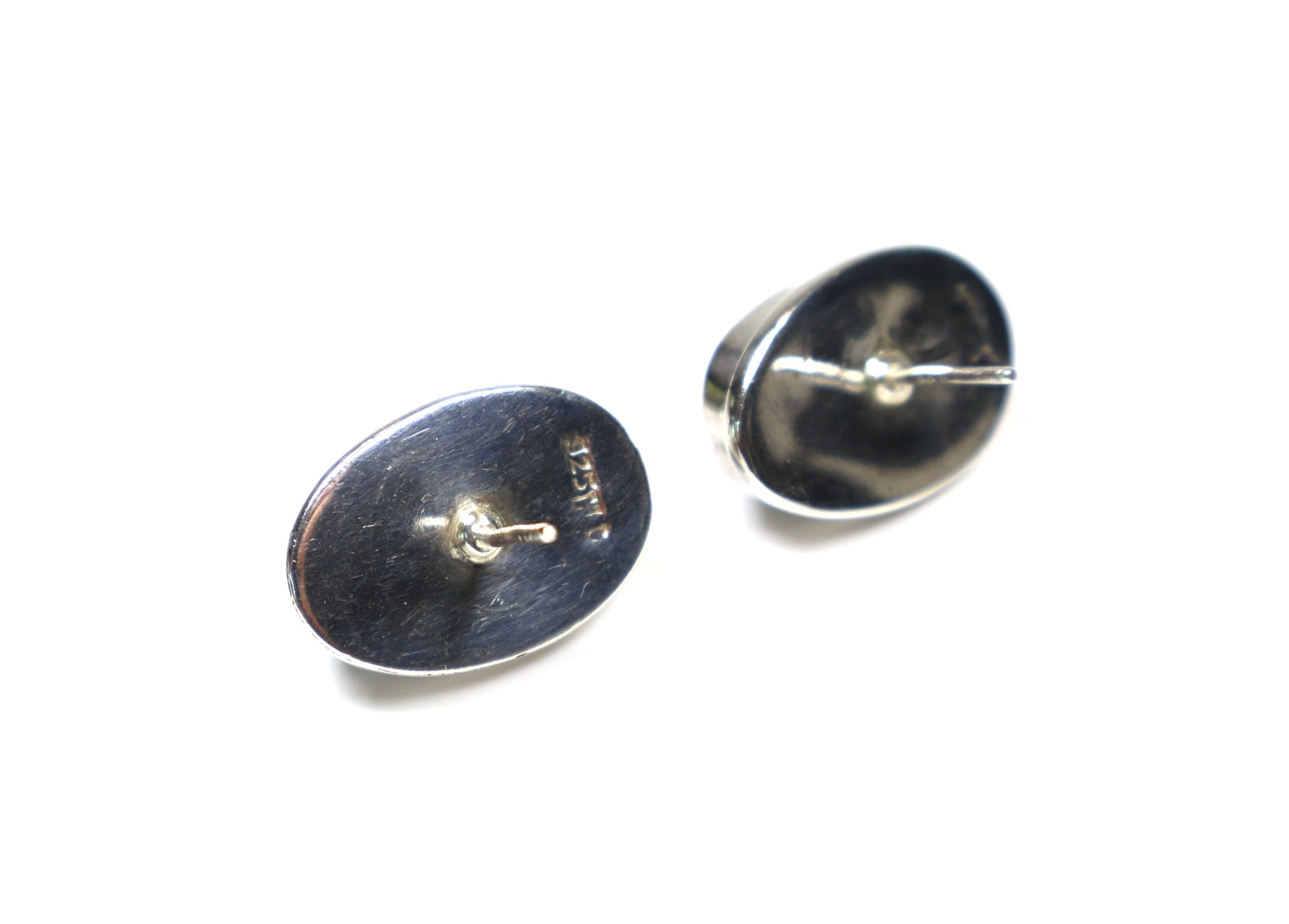Vintage Blue Mabe Pearl 925 Sterling Silver Stud Post Earrings Large Oval Shape