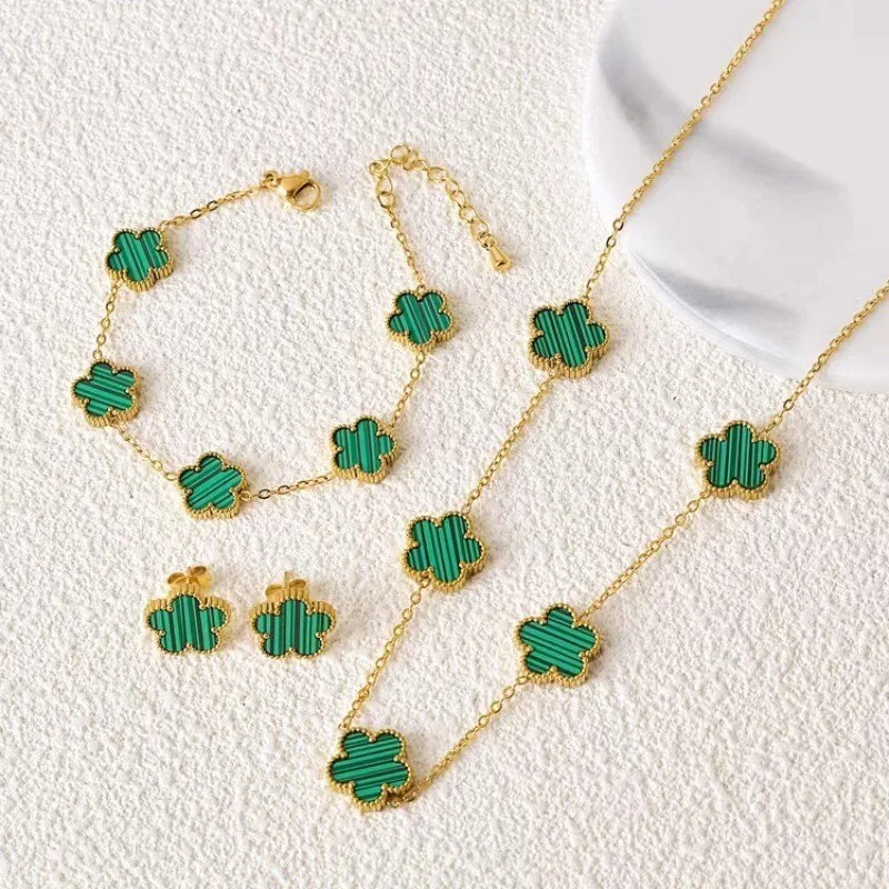 4PC Clover Necklace, Bracelet, Earring set white leaf Plant Five Leaf Flower Set