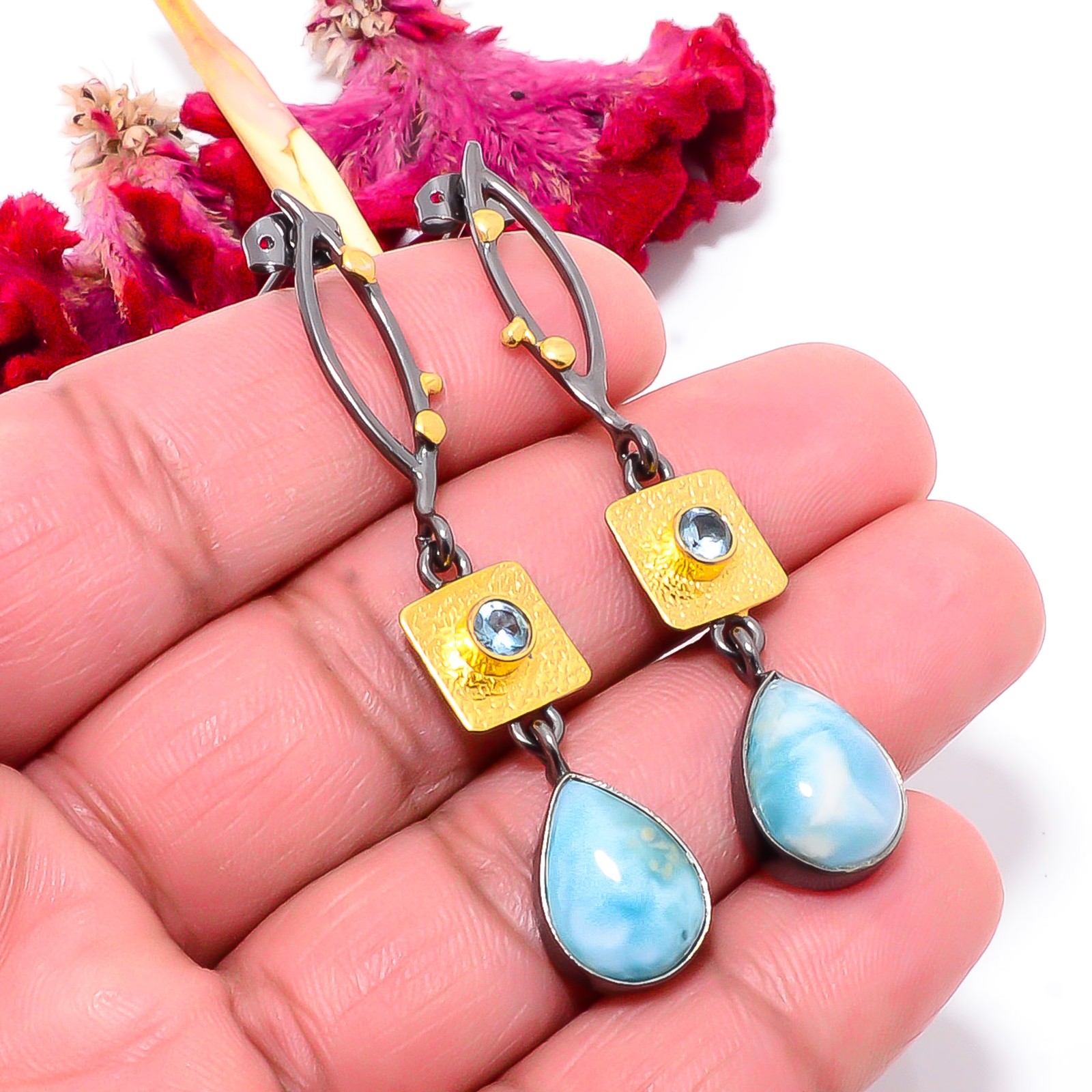 Natural Larimar, Blue Topaz 925 Sterling Silver Gold Rhodium Earring 2.34″ Sku21