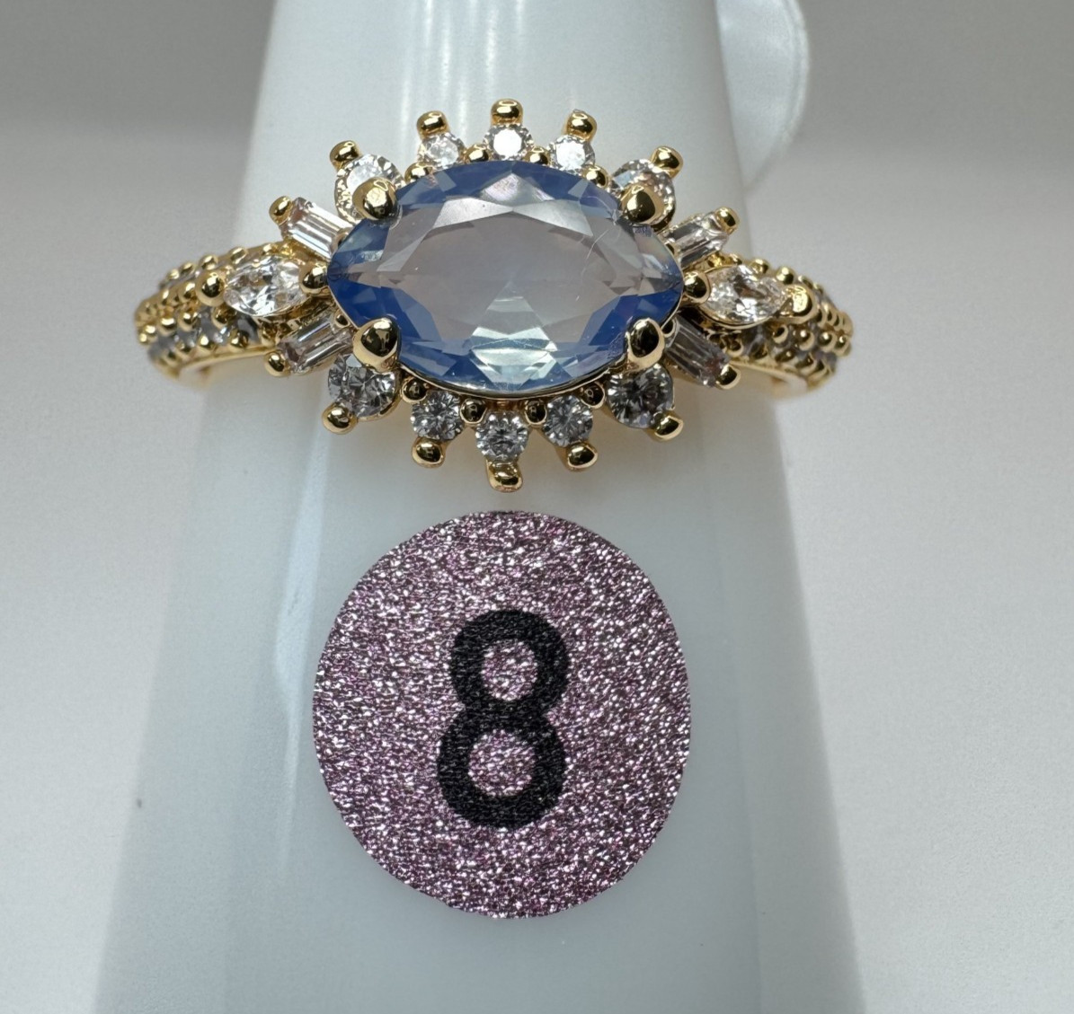Sz 8 Bomb Party Ring RG24193 Hidden In Plain Facets – Lab Created Blue Moonstone