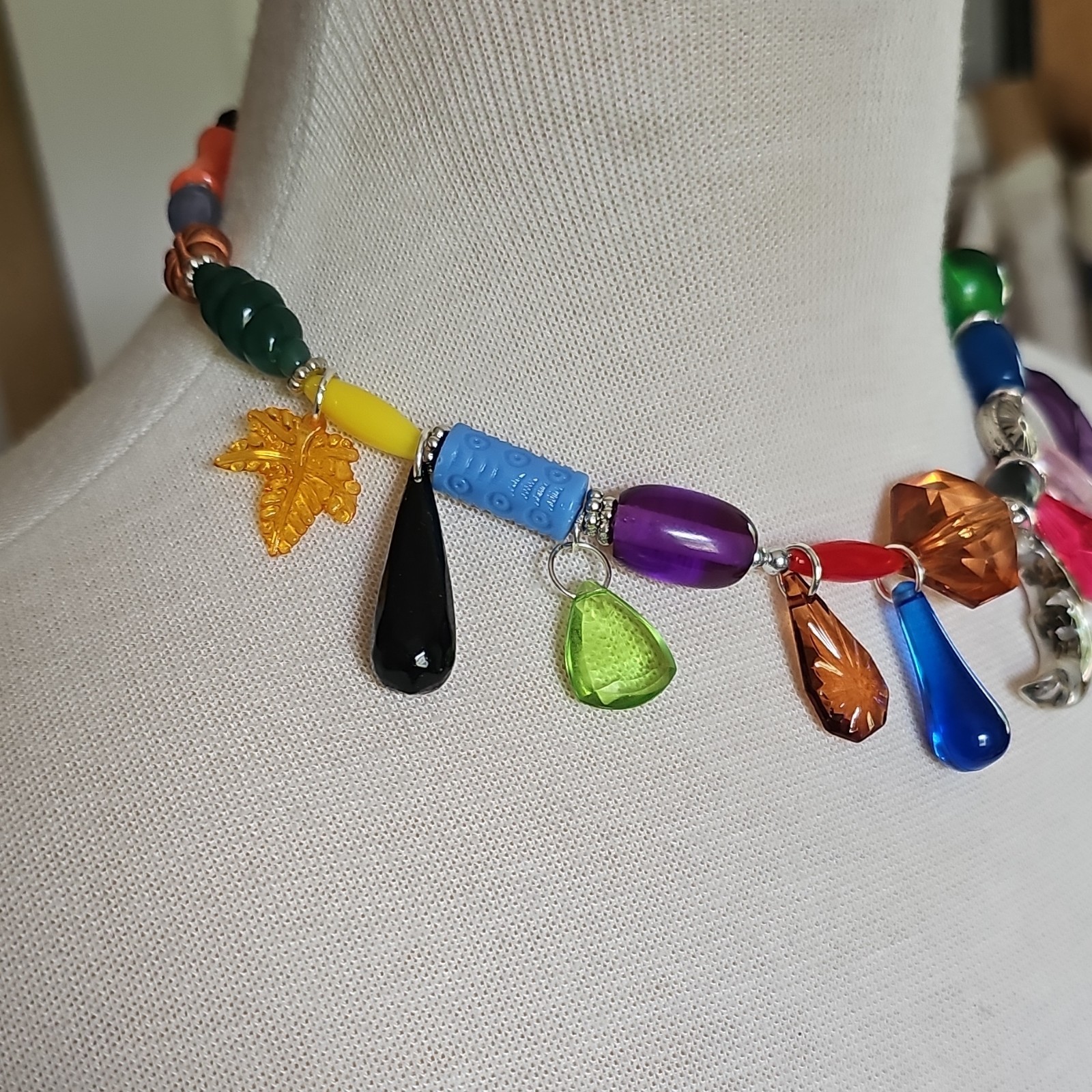 Vtg Acrylic Beaded Charm Necklace w/ Acrylic Dangles Handmade Colorful Chunky