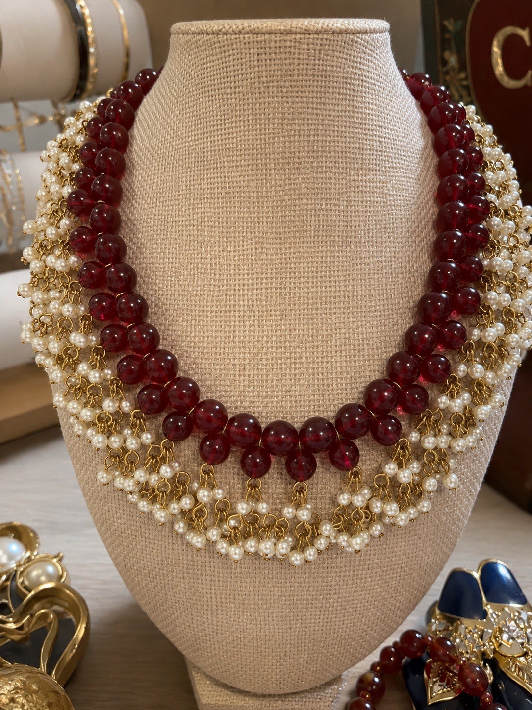 Catwalk John Multi-Strand Beaded Bib Statement Necklace Faux Pearl & Glass Red