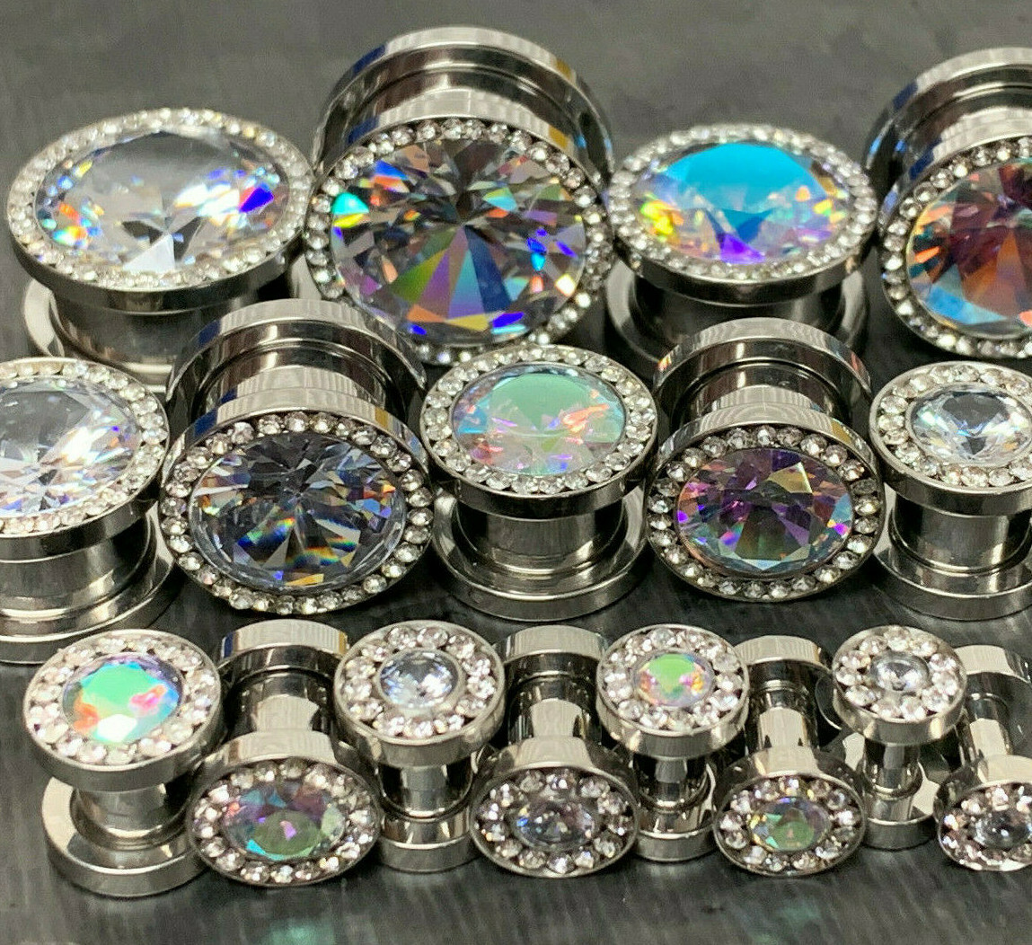 PAIR Large CZ Gem Rimmed 316L Surgical Steel Screw Fit Plugs Tunnels Gauges