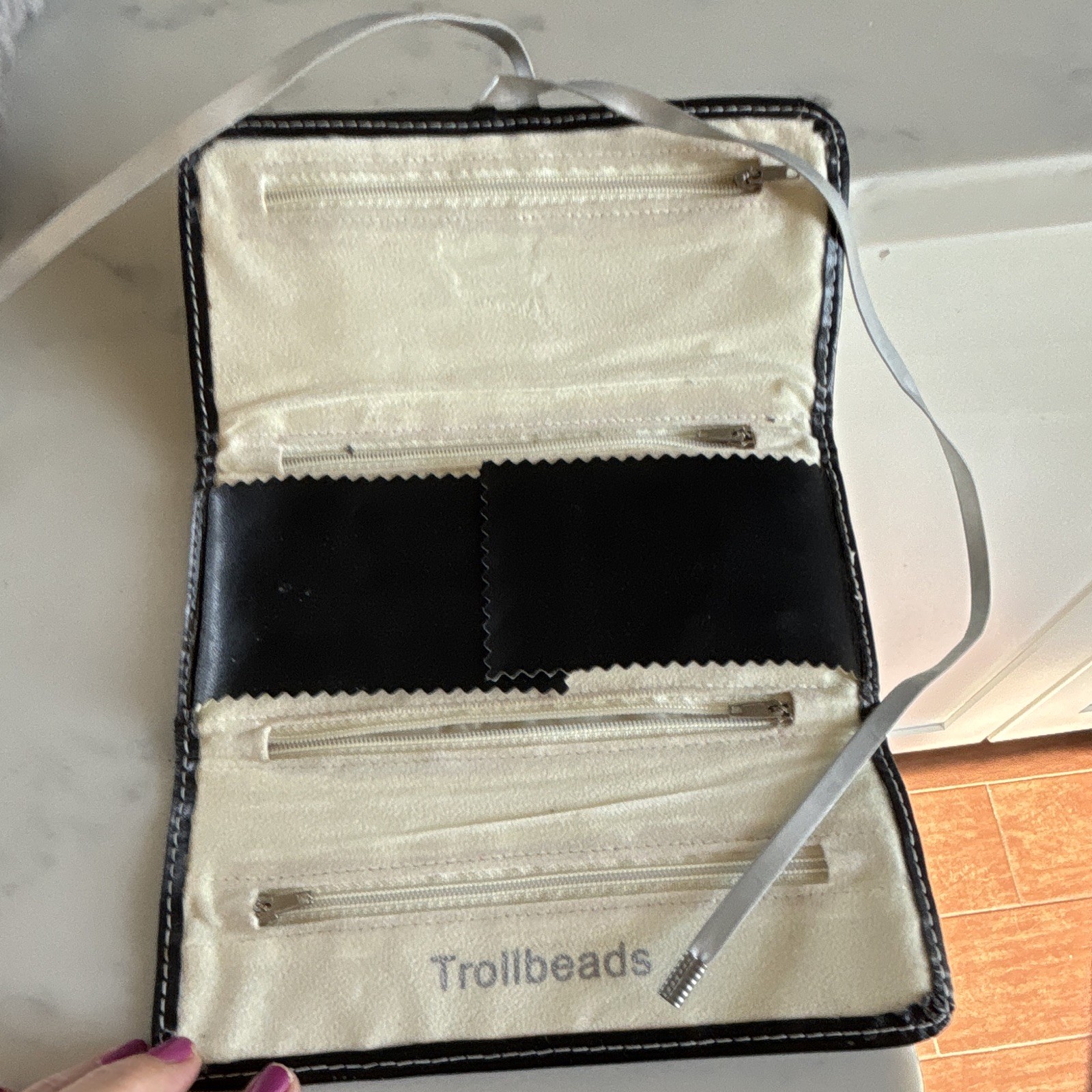 Trollbeads Black Faux Leather Travel Jewelry Case, Lined Zipper, Holds 8