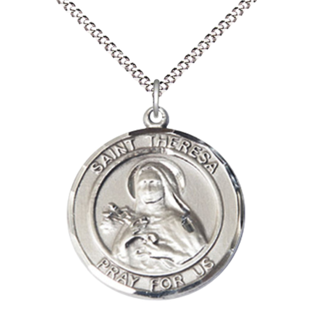 Sterling Silver Saint Theresa Medal Pendant 18″ Lobster Claw Chain Necklace