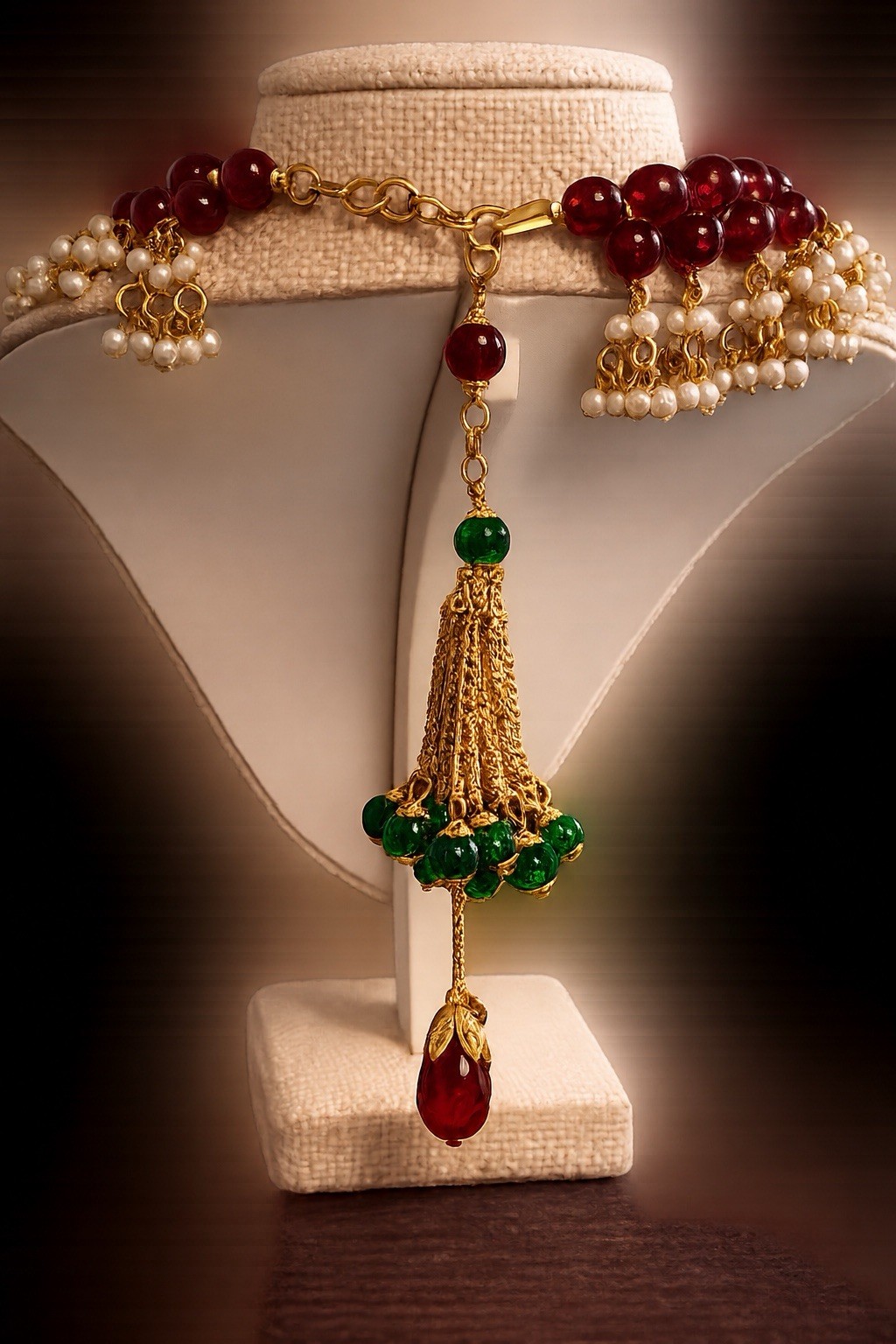 Catwalk John Multi-Strand Beaded Bib Statement Necklace Faux Pearl & Glass Red