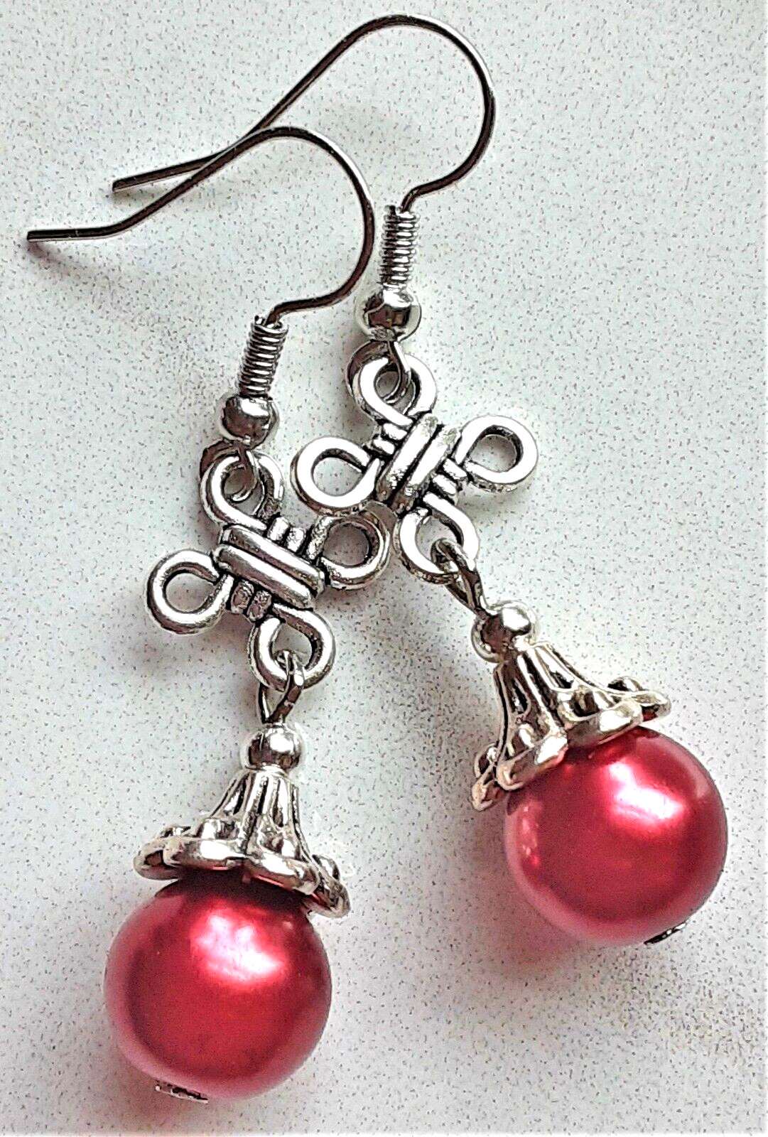 RED CELTIC KNOT GLASS PEARL drop earring SP FISH hook WPGH15