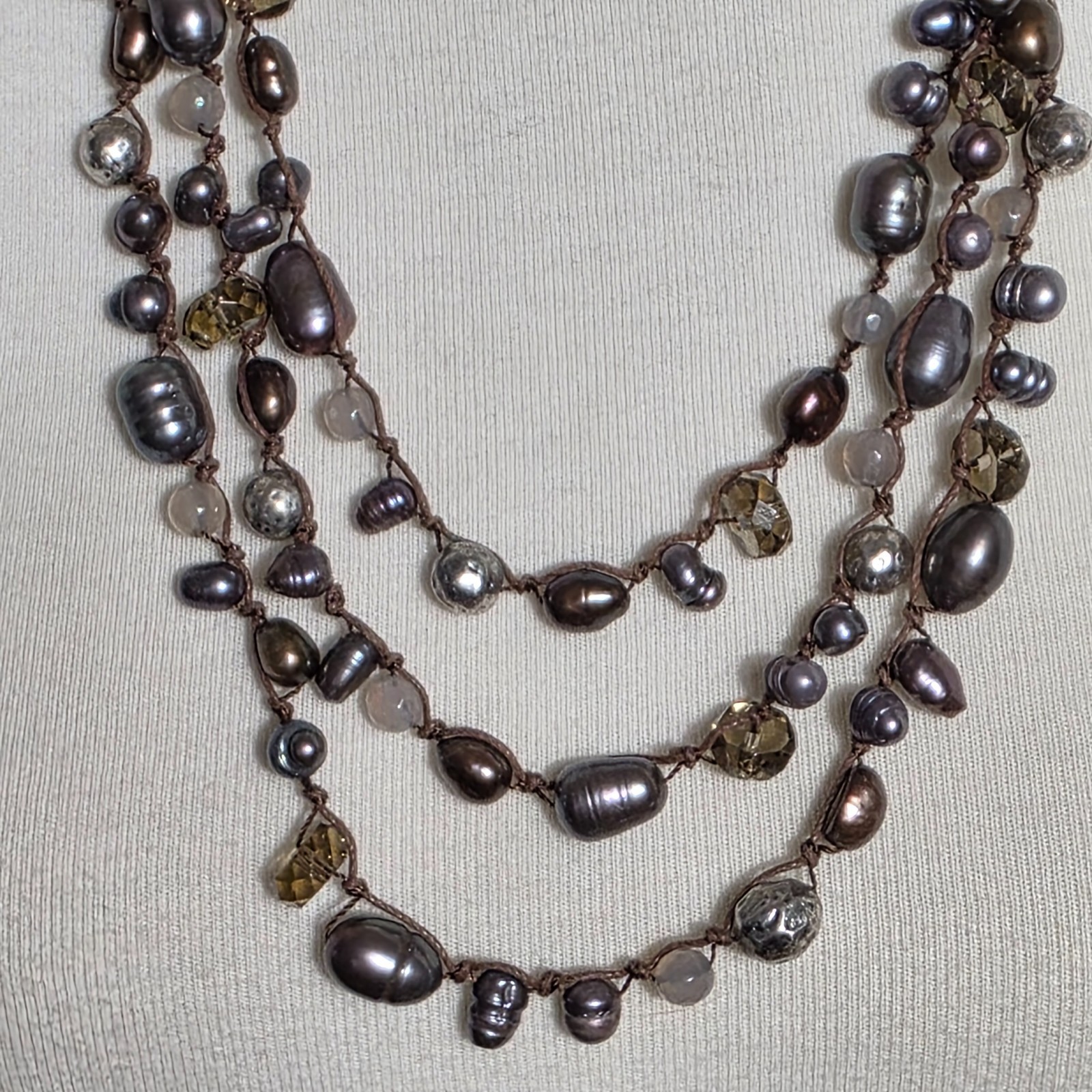 J. Jill Triple Strand Necklace Gray & Bronze Colored Beads on Brown Cord