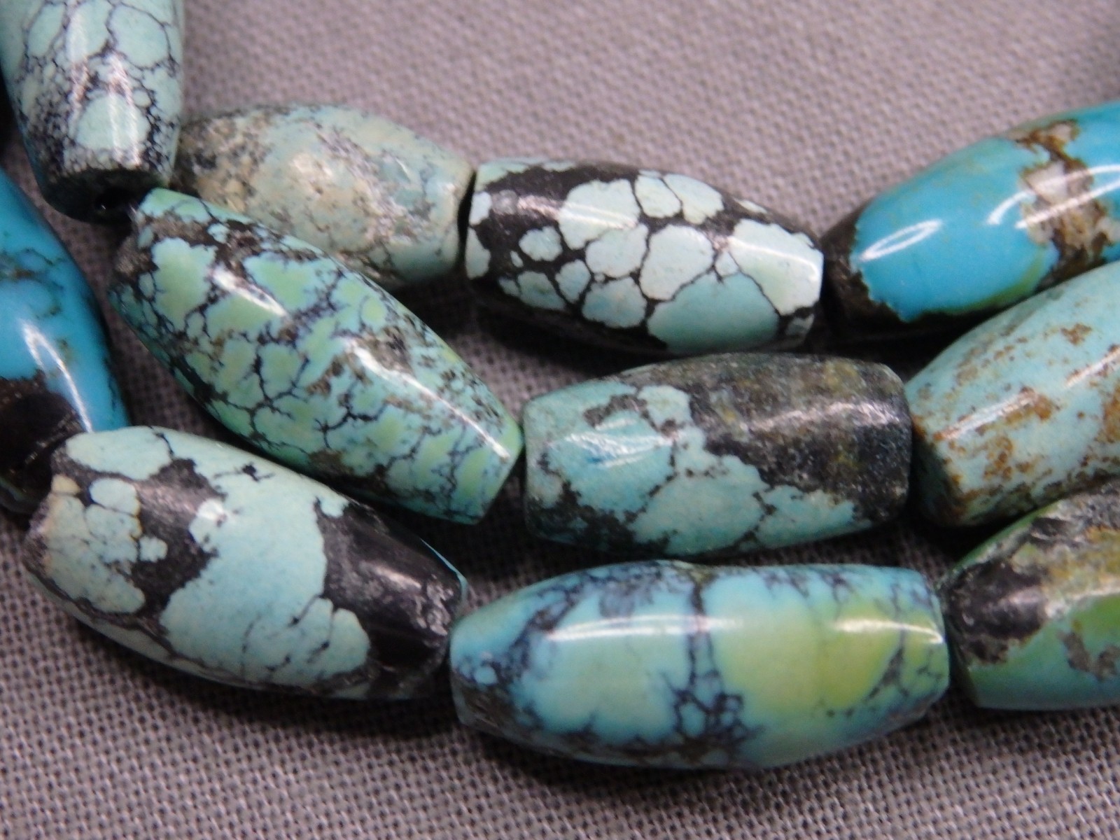 Vintage HUBEI TURQUOISE 12-16mm Long Rice Beads 15.5″ strand 150cts