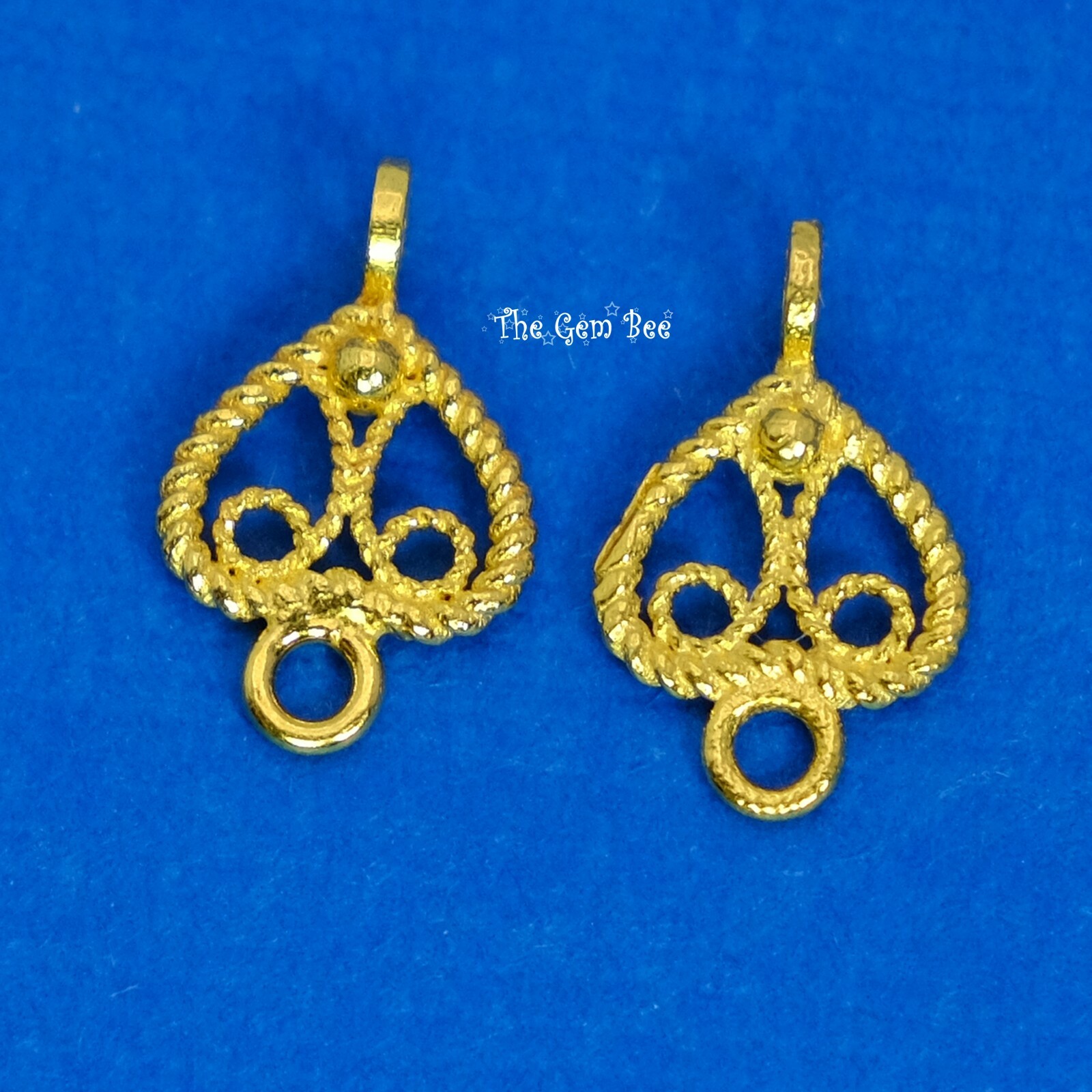 6.8mmx10.8mm 18k Solid Yellow Gold Filigree Heart Connector Charm Finding Pair