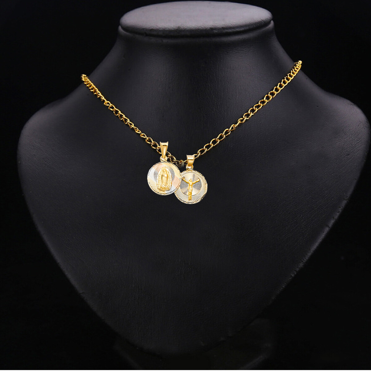 GOLD-14K 3 Color DC 2 Side Virgin Mary & Jesus Religious Charm Pendant For Chain