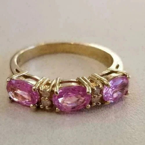 2.54 Ct Oval Cut Pink Sapphire & Diamond Ring 14k SOLID Yellow Gold